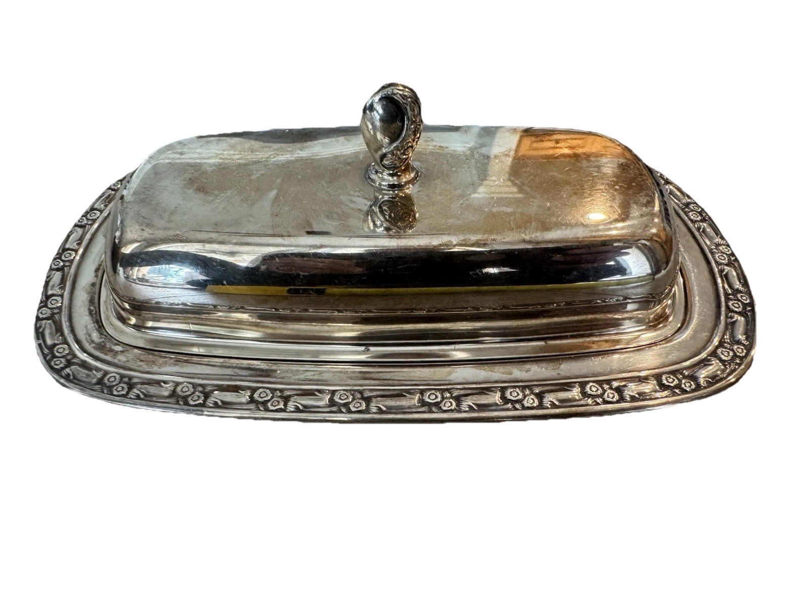 Vintage Oneida Silversmith Silver Butter Dish Tray w/ Lid Flower Design 8"x4.75"