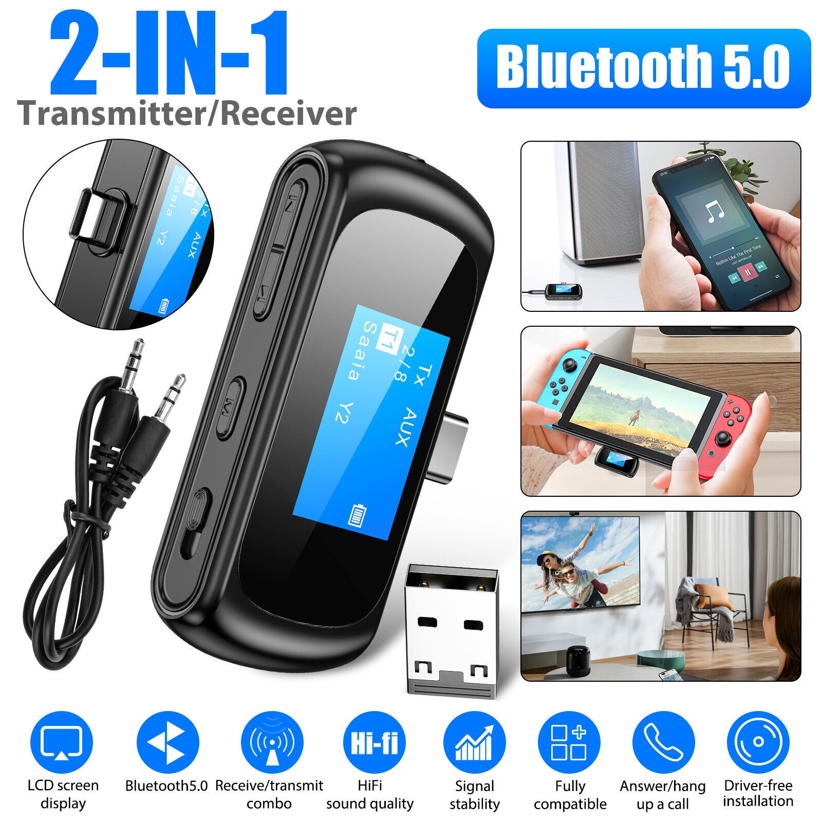 2 IN 1 Bluetooth Transmitter Receiver W/ LCD Display Screen For Switch PS TV PC