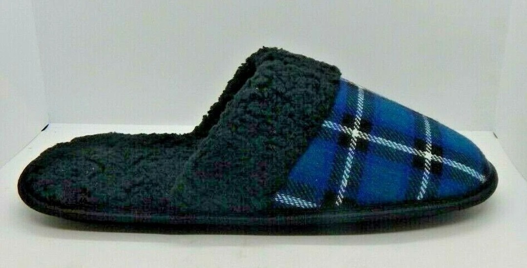 Gertex Mens Blue/Black/White Plaid Lined Scuff Slippers