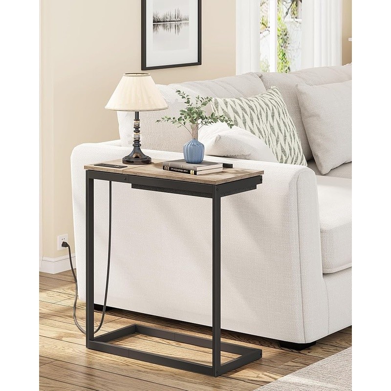 C Shaped End Table W/ Charging Station Adjustable Tilt Side Table USB Type-C