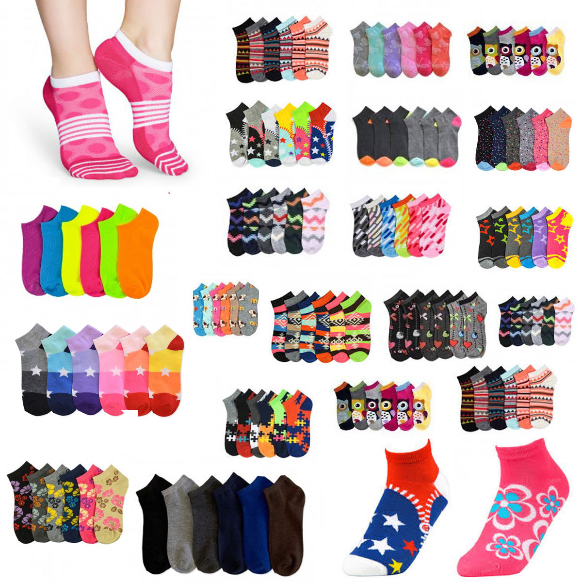 Lot of 12 pairs Assorted Colors Designs Ankle Socks Low Cut No show School 9-11