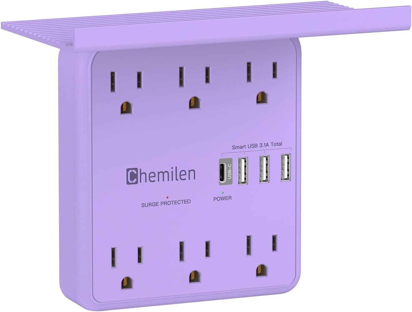 Purple Power Charger with Shelf, Wall Outlet Extender Surge Protector with 6 AC