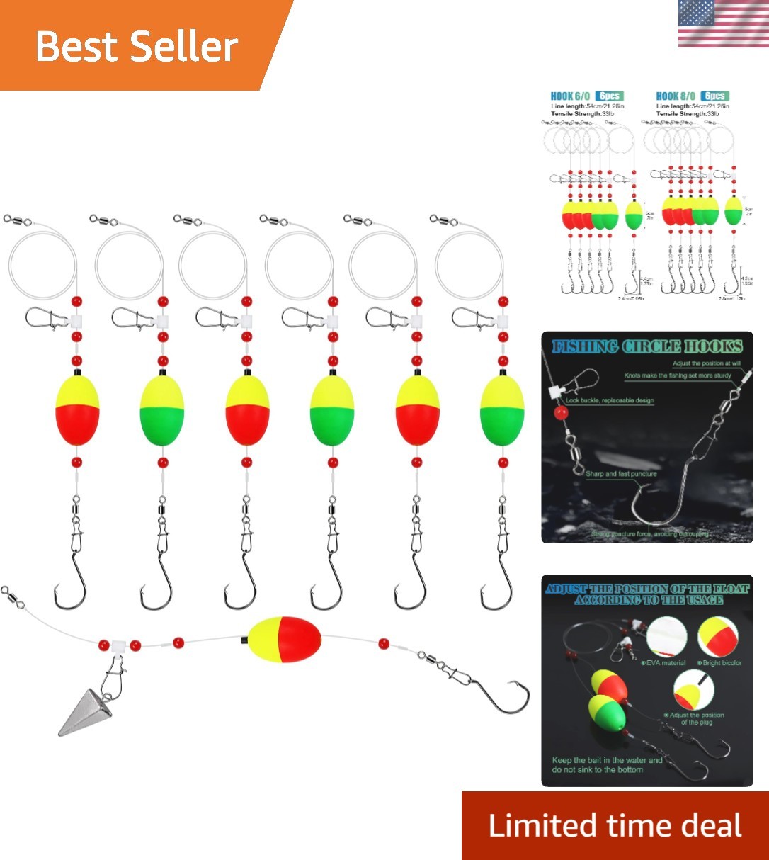 6 Pack Fish Finder Rigs 6/0 & 8/0 - Pre-Assembled Saltwater Fishing Gear