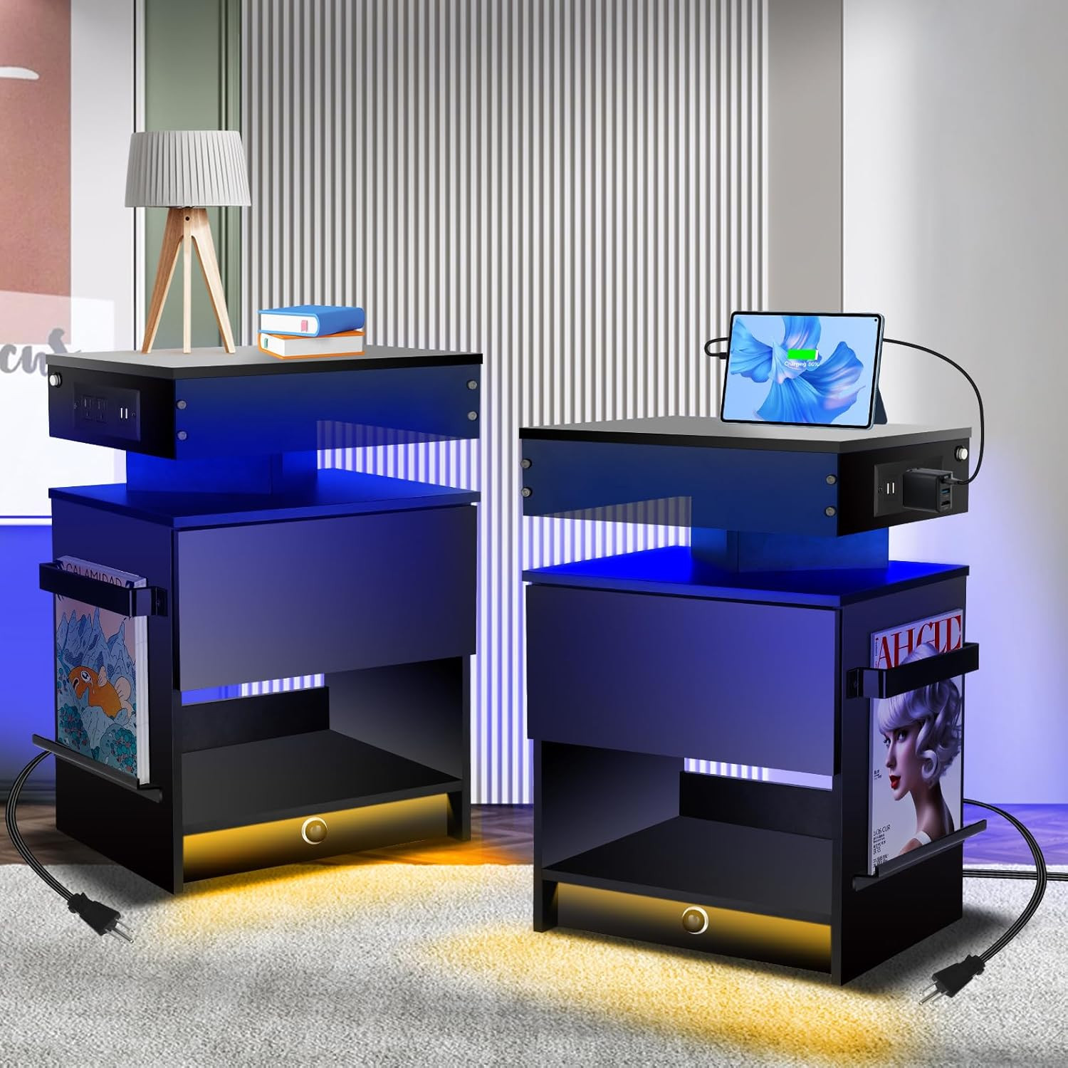 Nightstand with Induction Light & Side Charging Station, Modern Bedside Table wi