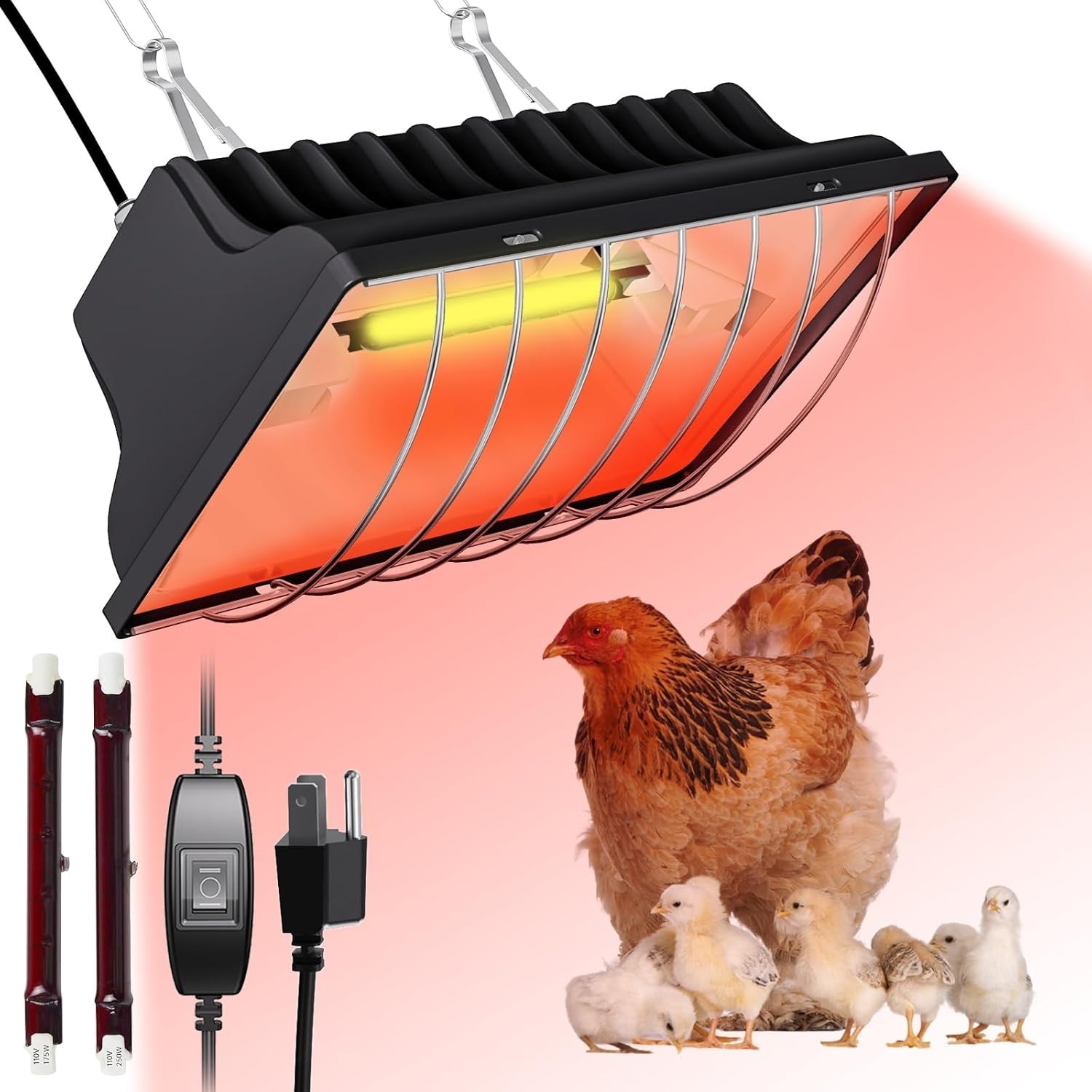 250W Chicken Coop Heater with 2PCS Heat Lamp, Brooder Heater for 30 Chicks or Du