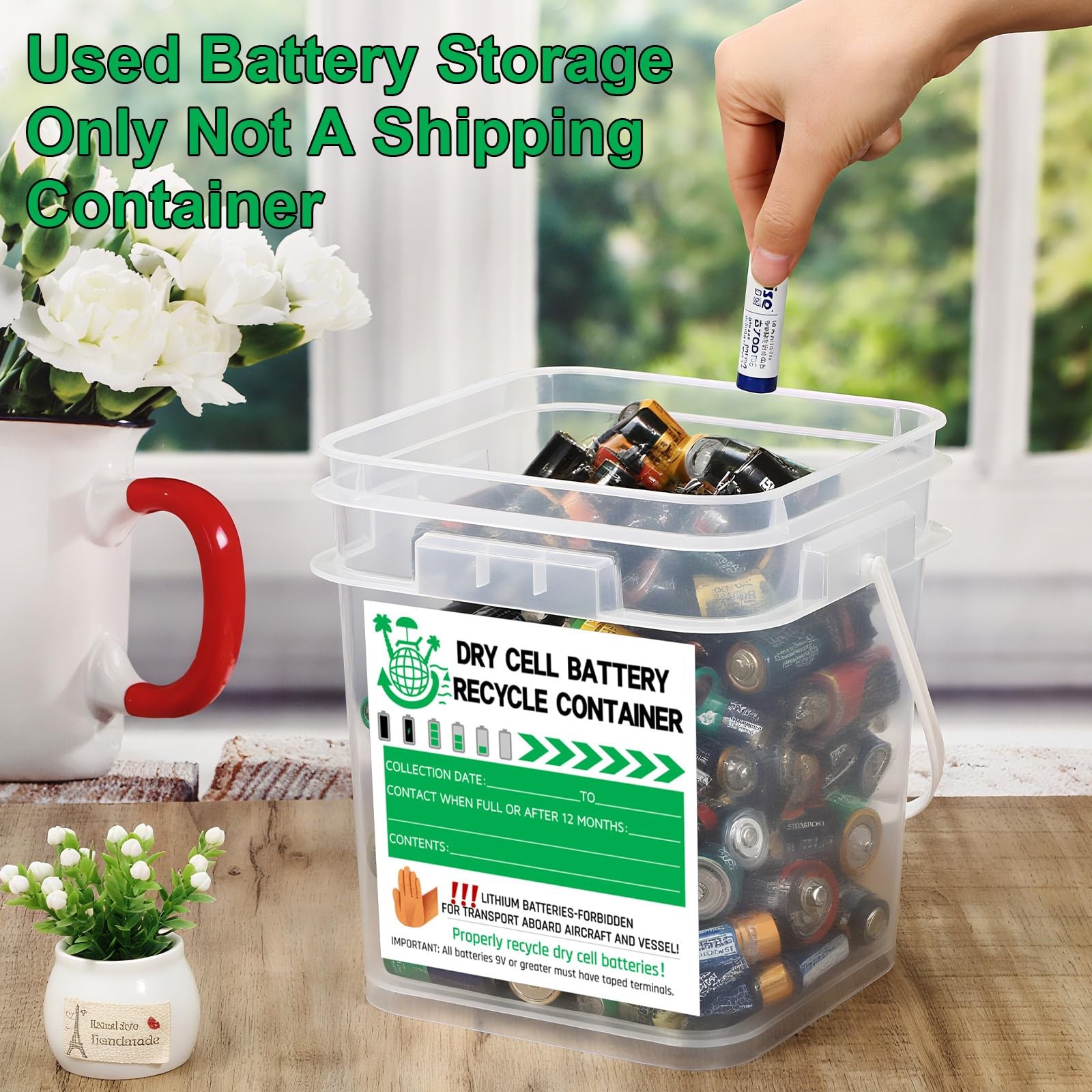 Dry Cell Battery Disposal Container 1.3 Gallon Battery Recycling Container Dr...