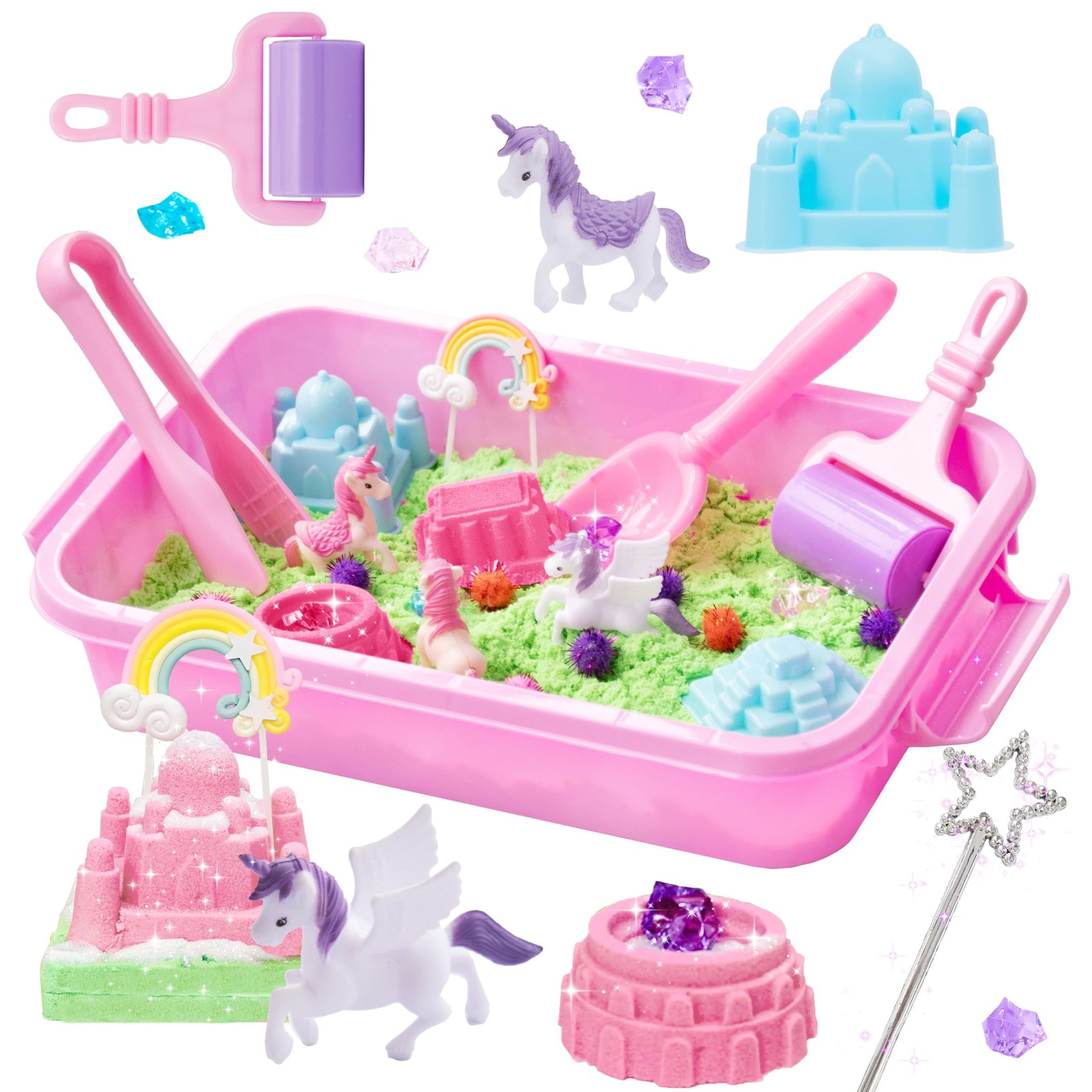 Carolart Unicorn Sensory bin, Unicorn Toy for Kids,Castle Moulds, Sand Art kit f