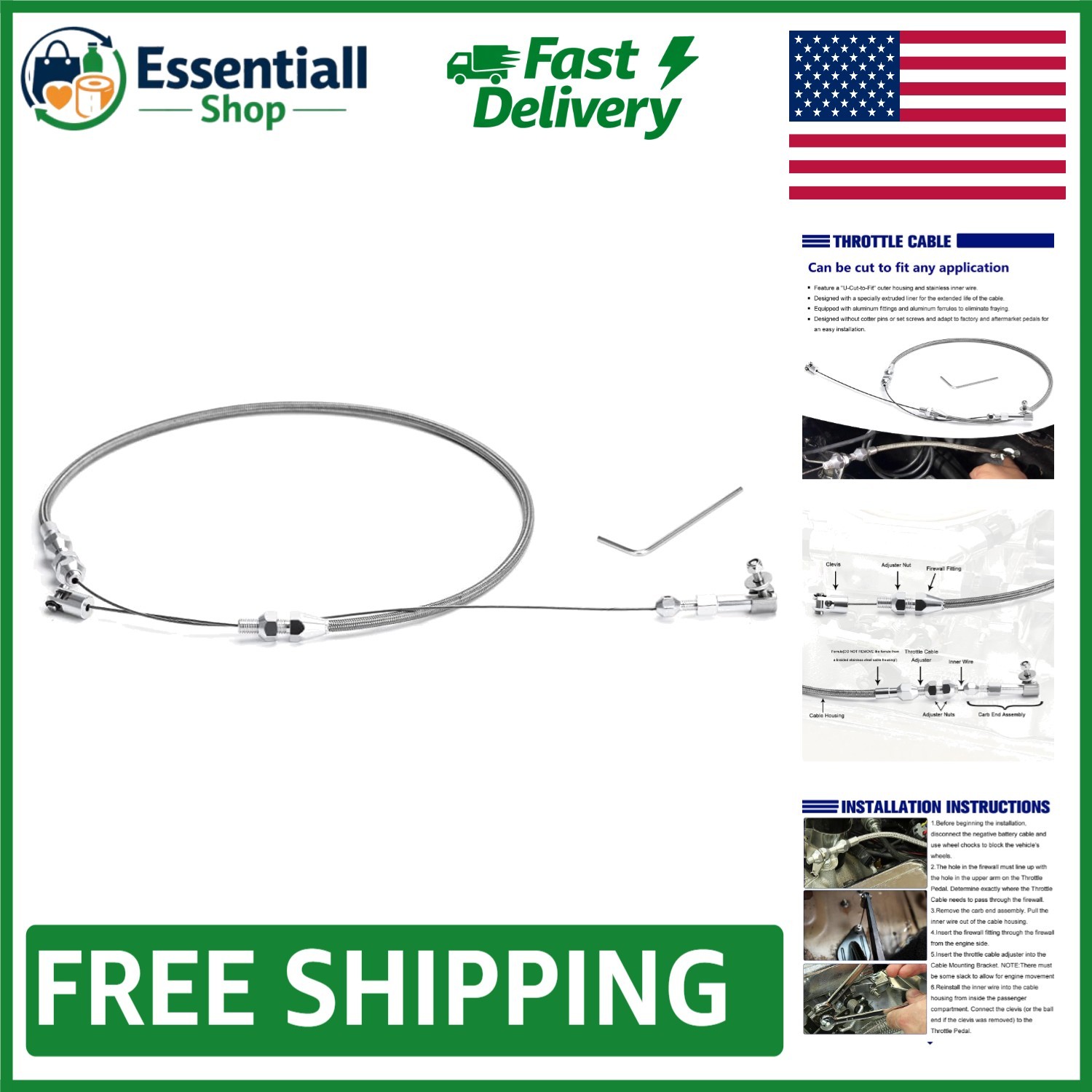 24" Stainless Braided Throttle Cable Kit - Universally Compatible & Easy Install