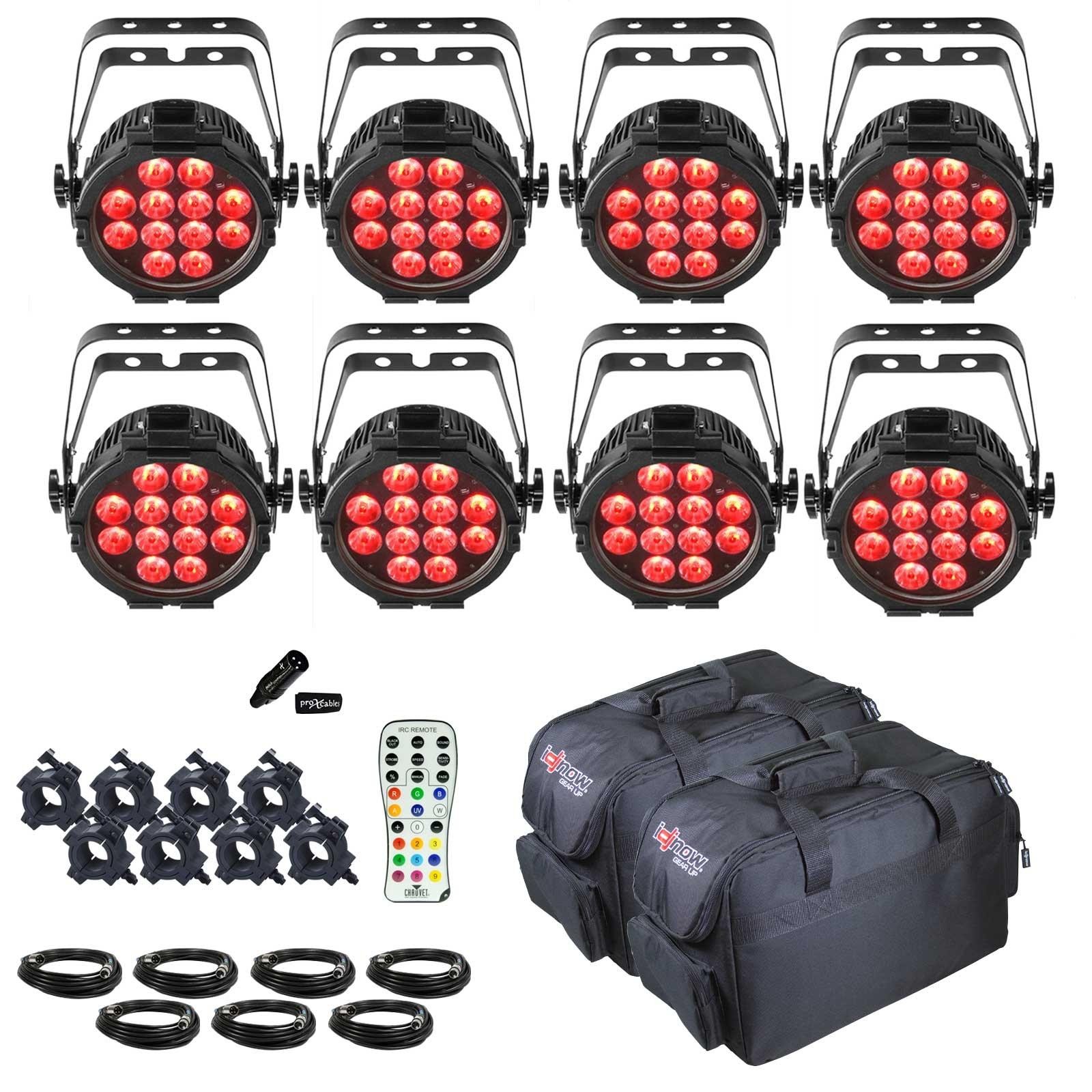 (8) Chauvet DJ SlimPAR Pro H USB High-Power RGBAW+UV Wash Lights w Bags & Remote