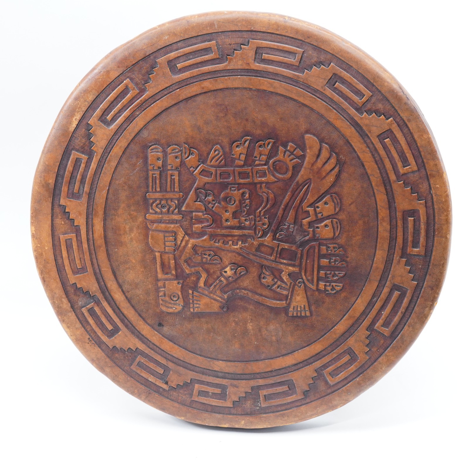 Hand Tooled Leather Top Wooden Stool Ottoman Ethnic Peru Mayan Aztec Warrior