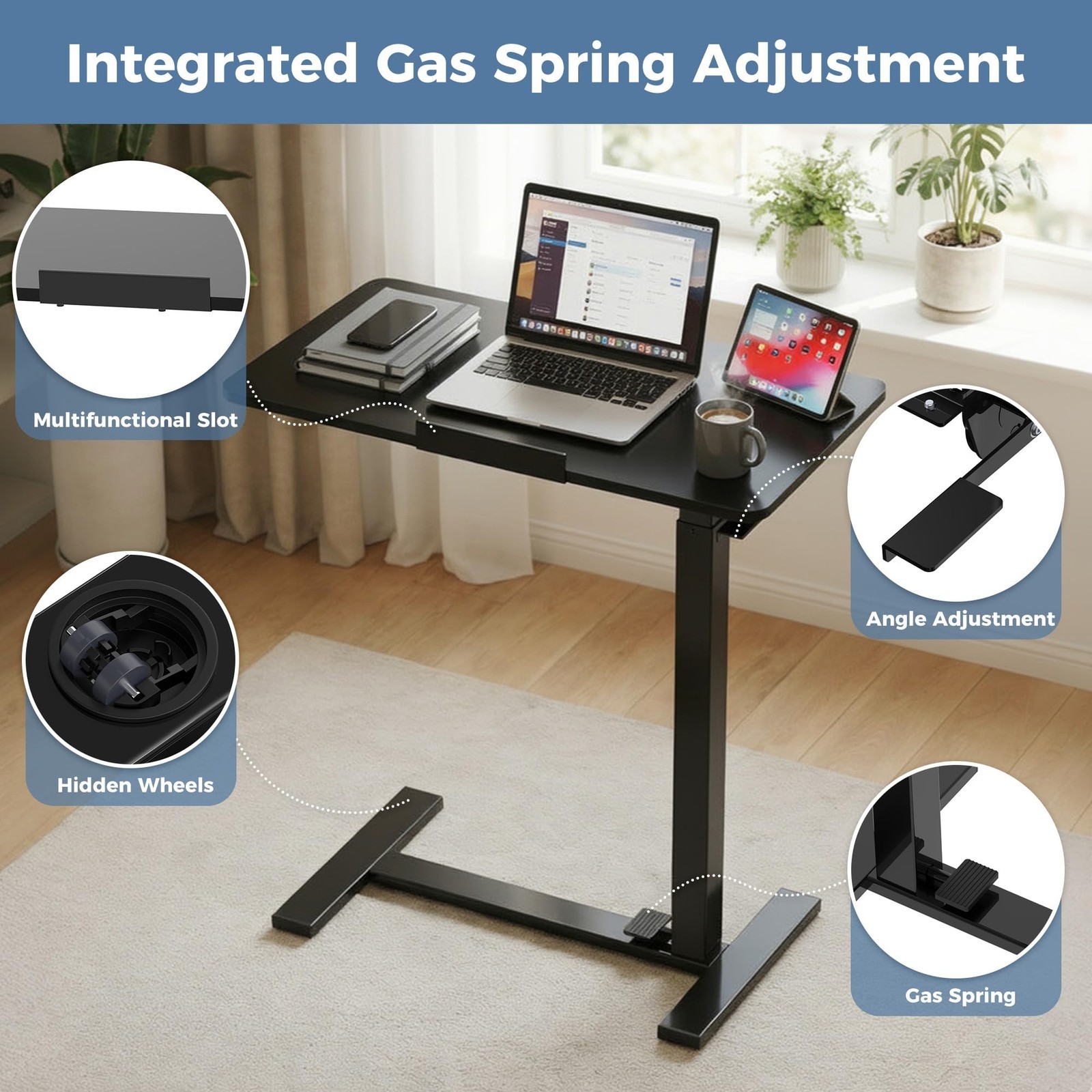Foldable Mobile Standing Desk Rolling Laptop Desk with 180° Tiltable Tabletop