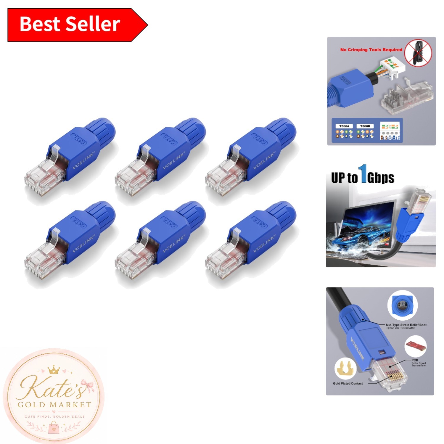 Effortless Installation RJ45 Connectors, 6 Classy Gold-Plated High-Speed Plugs