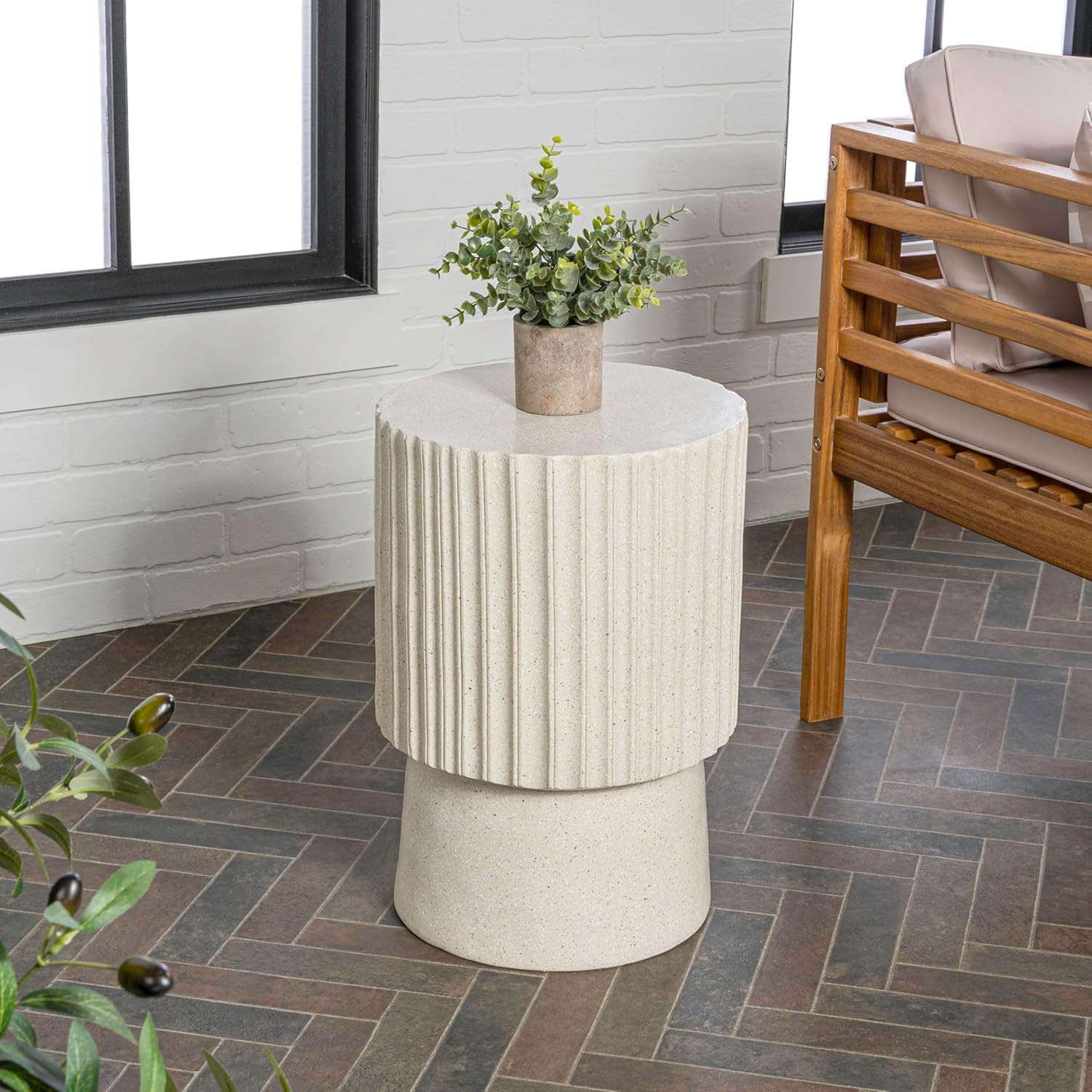 Louisa 19" Fluted Outdoor Accent Table – Cream Terrazzo Side Table