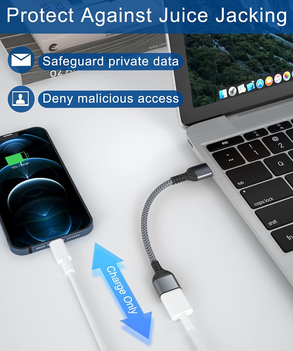 USB Data Blocker Adapter 3-Pack,Charge Only Type-A Cable,Data Blocking Gray