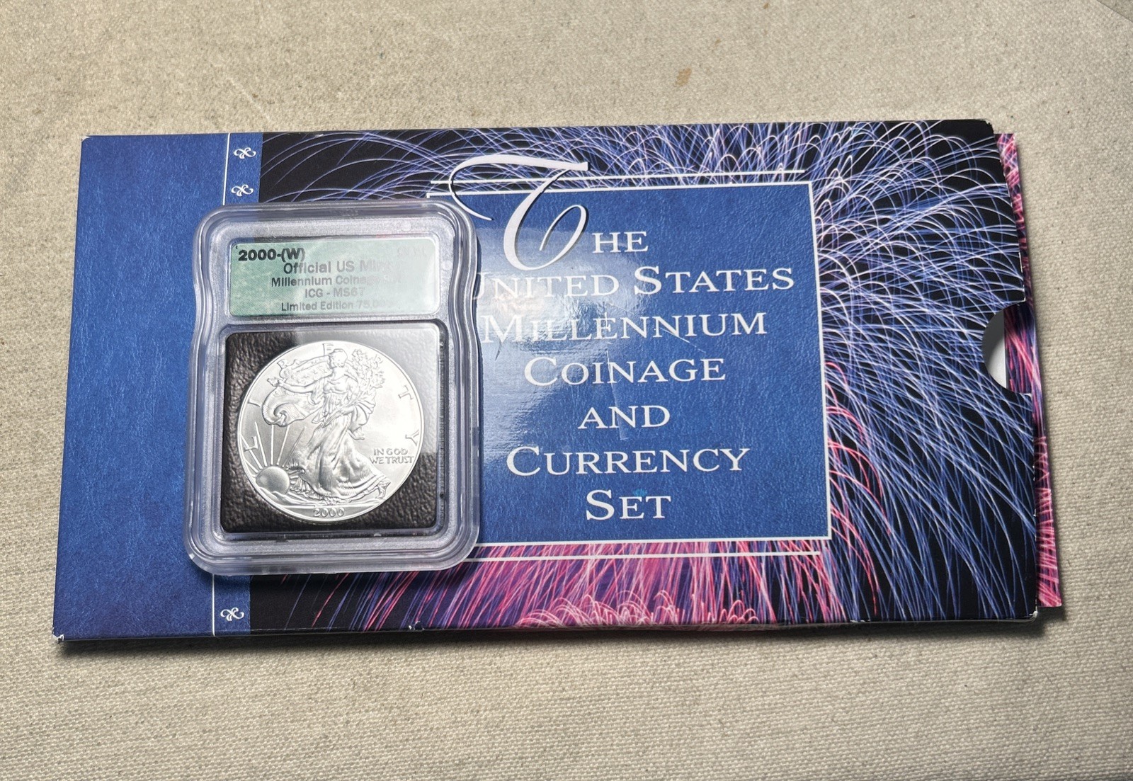 2000 US Millennium Coinage & Currency Set Silver Eagle $1 Note OGP