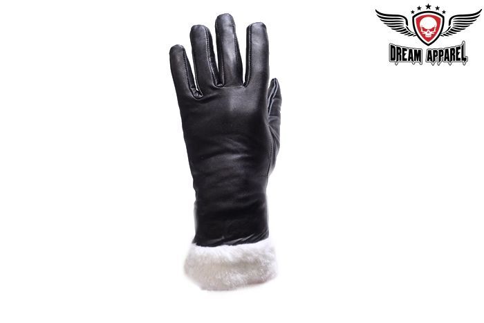 Classic Ladies Black Full Finger Leather Motorcycle Biker Riding Faux Fur Gloves