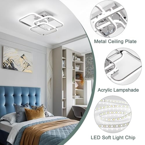 Modern Ceiling Light,Dimmable LED Ceiling Light Fixtures with Remote Chrome