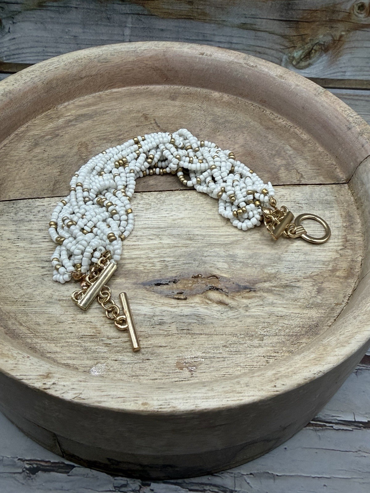 Handmade White & Matte Gold Braided Bead Bracelet