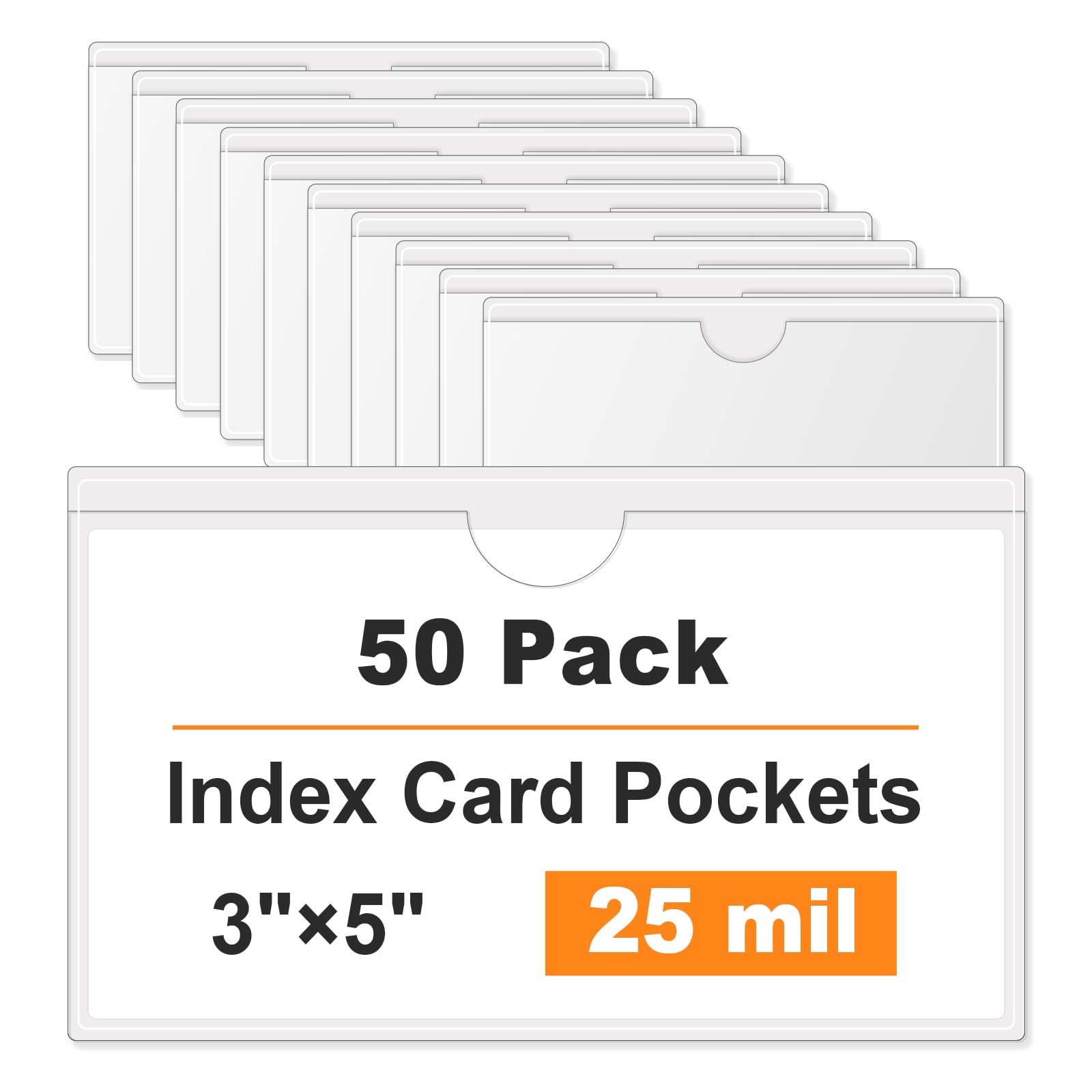 50 Pack Clear Adhesive Pockets 3" X 5", Self-Stick Index Card Pockets with Top O