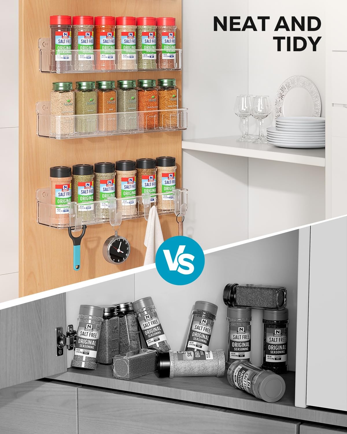 Wall Mount Spice Rack Organizer, 4 Pack, Clear, Adhesive or Screw Mount