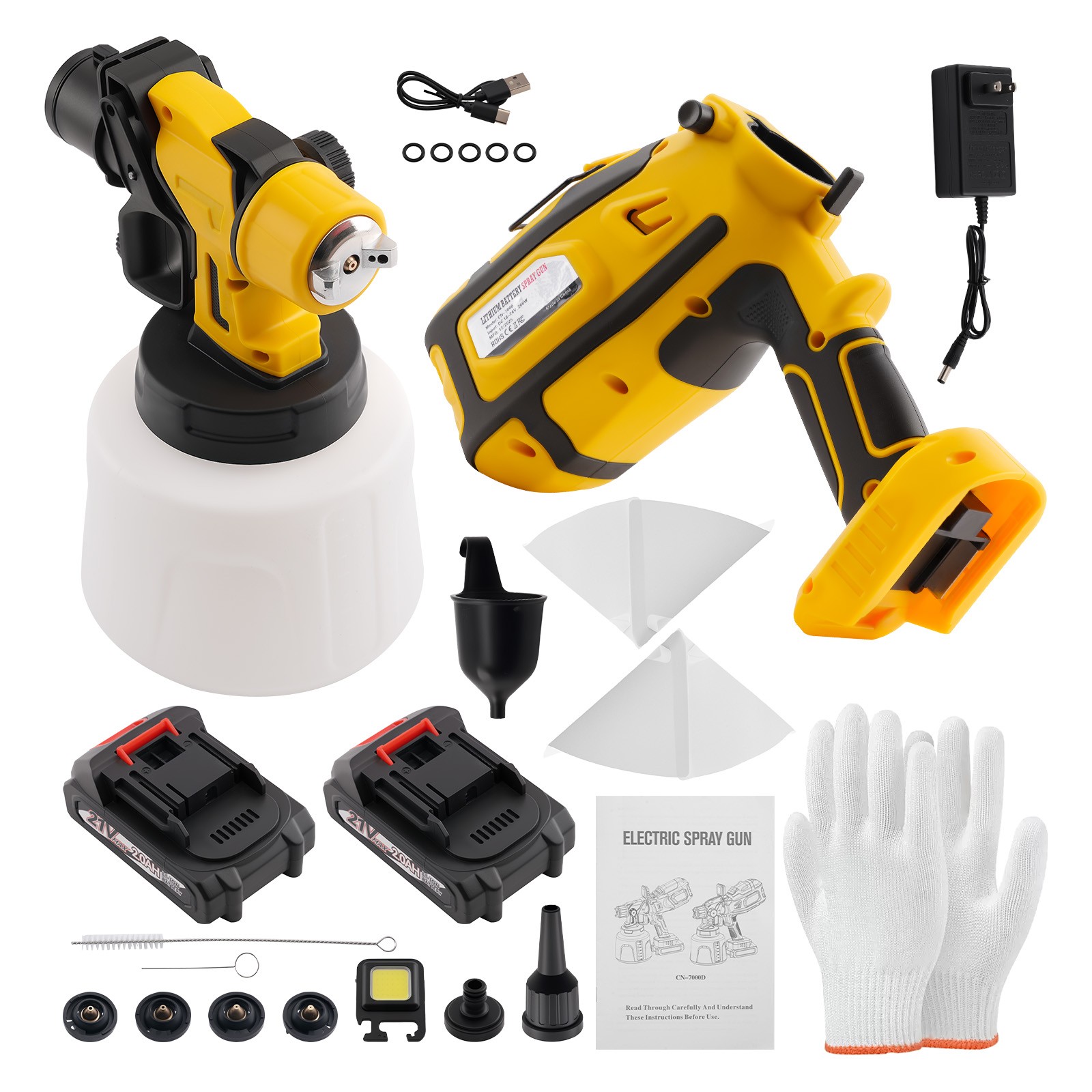 200W Paint Spray Gun Electric HVLP 1400ML Container 5 Brass Nozzles LED Light
