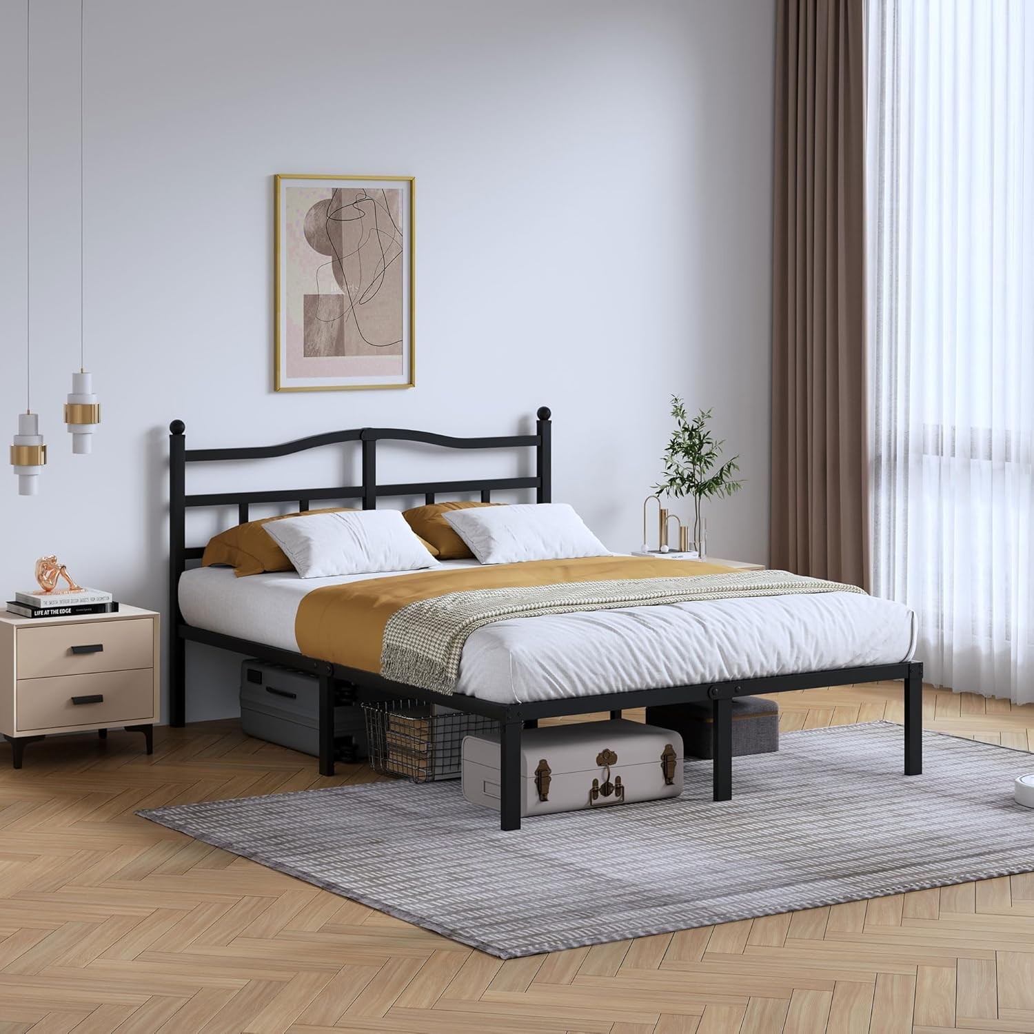 14 Inch Metal Bed Frame Twin Size Heavy Duty Bedframe W/ Headboard Black Basic