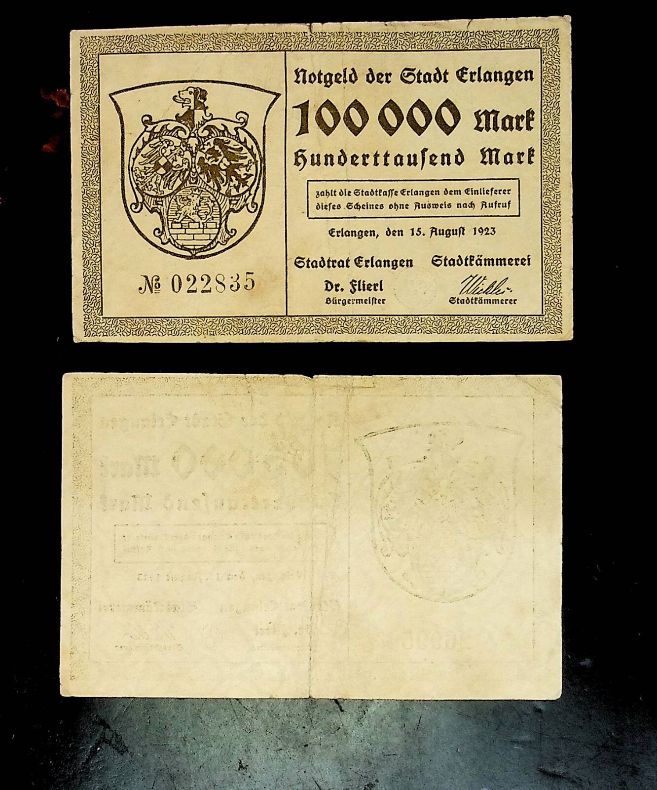 1923 Germany  ERLANGEN 100.000 Mark Banknote