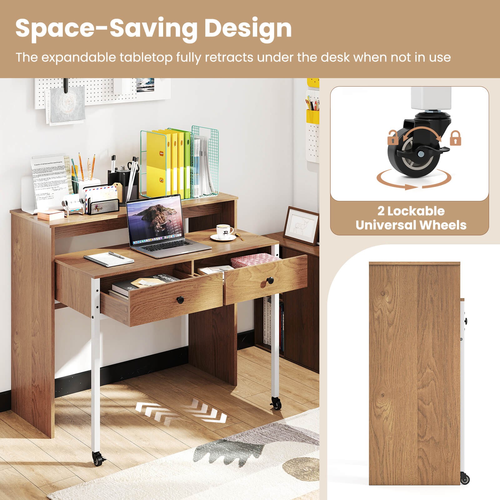 Extendable Computer Desk W/ Large Storage Space Workstation w/Drawer & Wheels