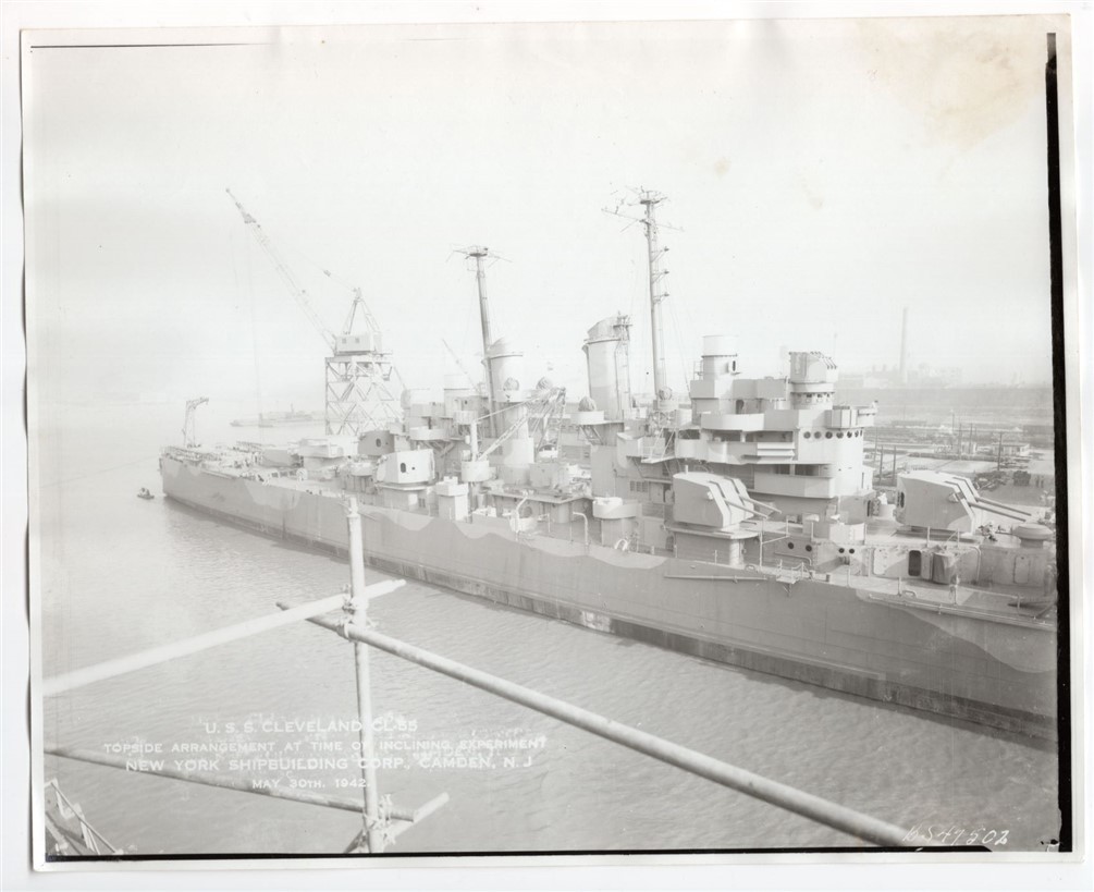 1942 Light Cruiser CL-55 USS Cleveland at Camden New Jersey 1980s Real Photo