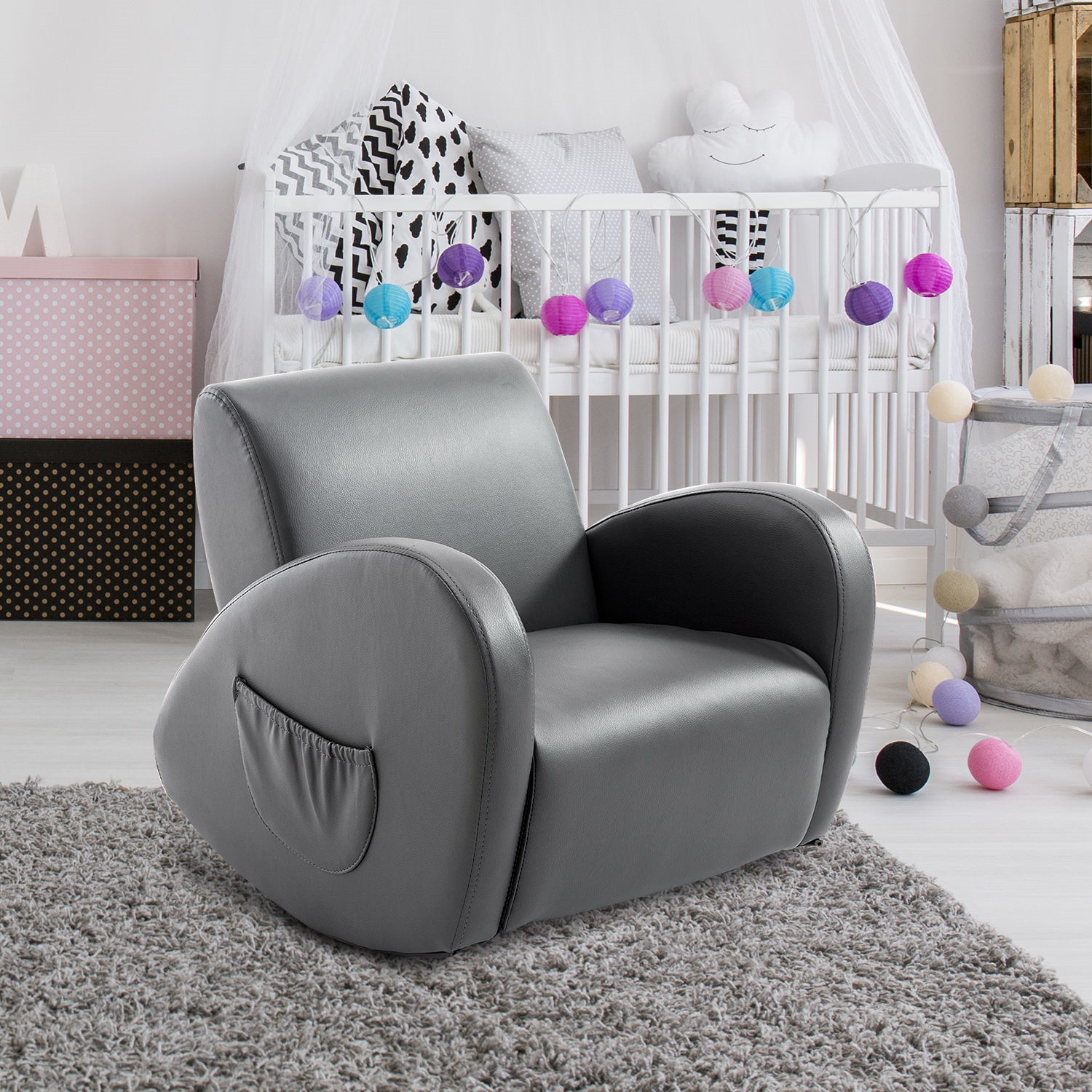 Kids Sofa Rocking Chair PU Leather Toddler Armchair w/ Side Pocket for Children