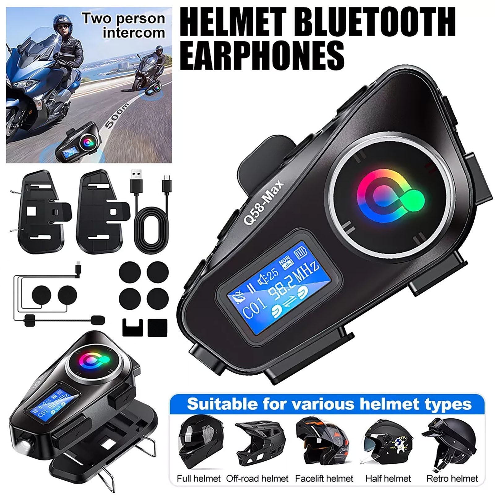 Double back clip Motorcycle Intercom Helmet Bluetooth Headset LCD Waterproof