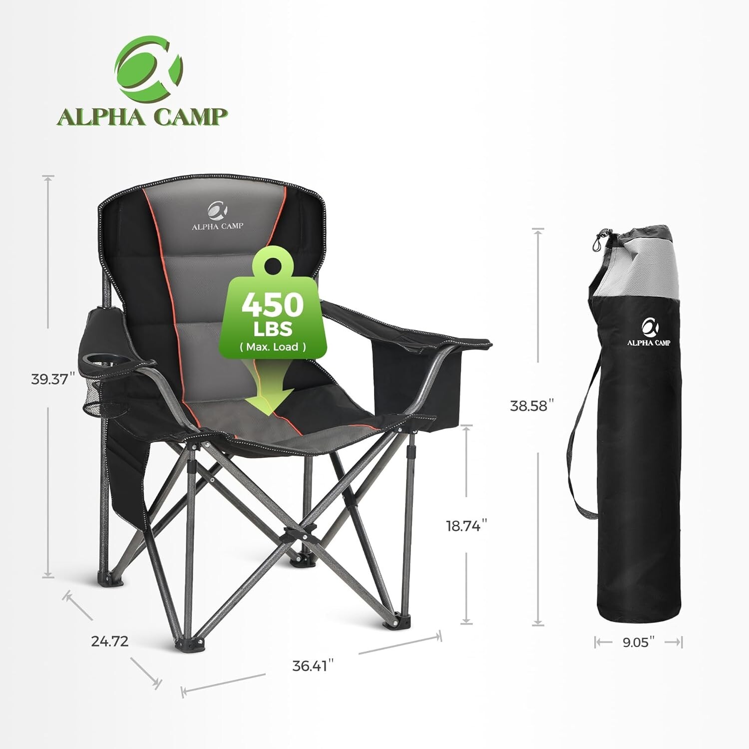 Oversized Camping Folding Chair, Heavy Duty Support 450 LBS Steel Frame ...