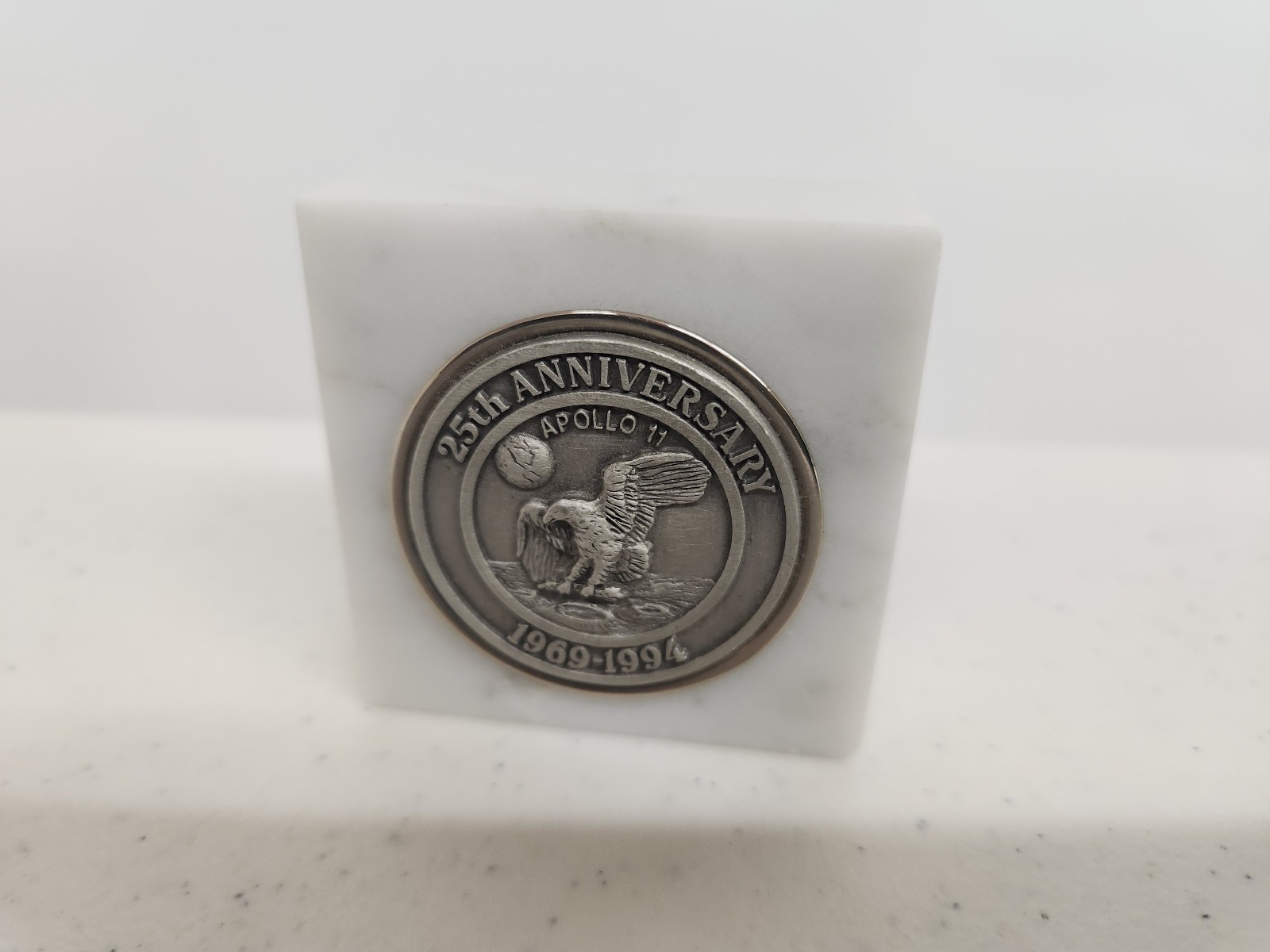 Apollo 11 25th Anniversary 1969-1994 Pewter Medal on Marble Base Collectible