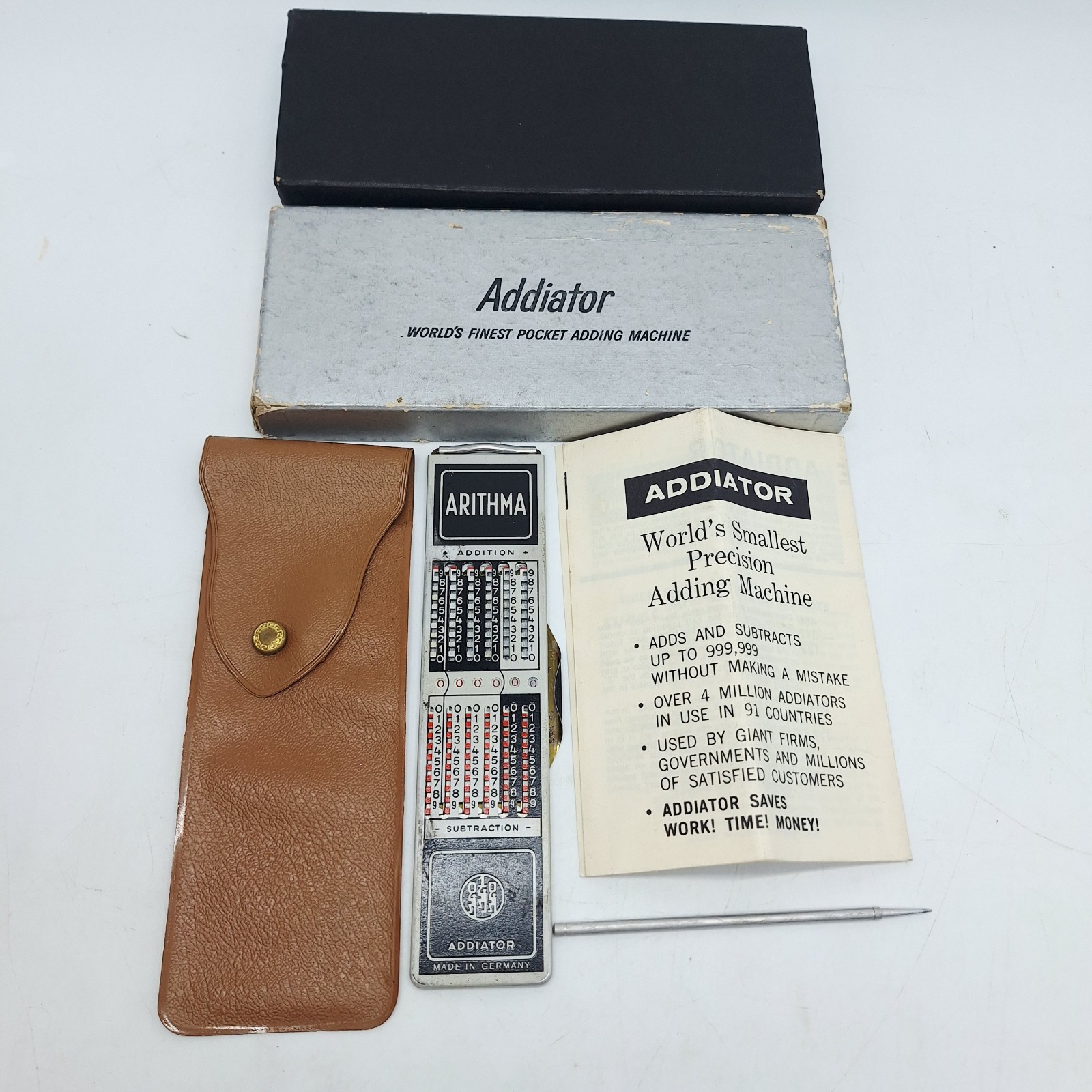 Vintage Arithma Addiator Mechanical Pocket Calculator w/ Stylus & Case Germany