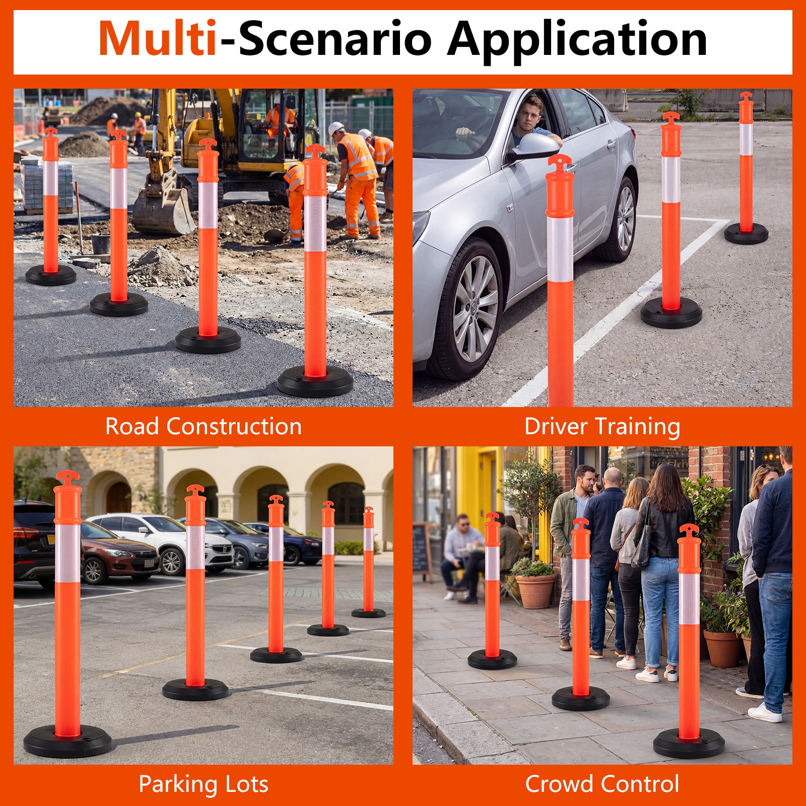 3 Pack Traffic Delineator Posts with Fillable Base,45 Inch Delineator Post Cones