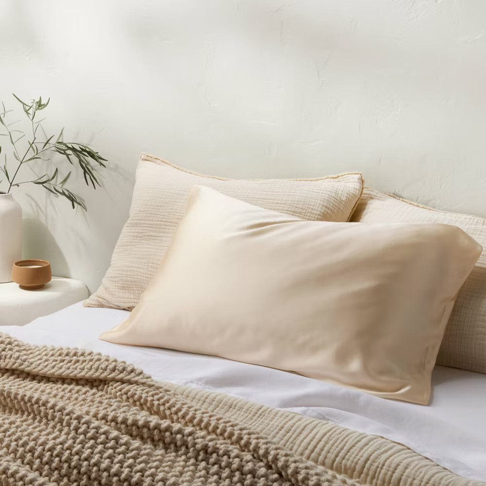 Standard Solid Silk Pillowcase Cream - Casaluna: Hand Wash Satin