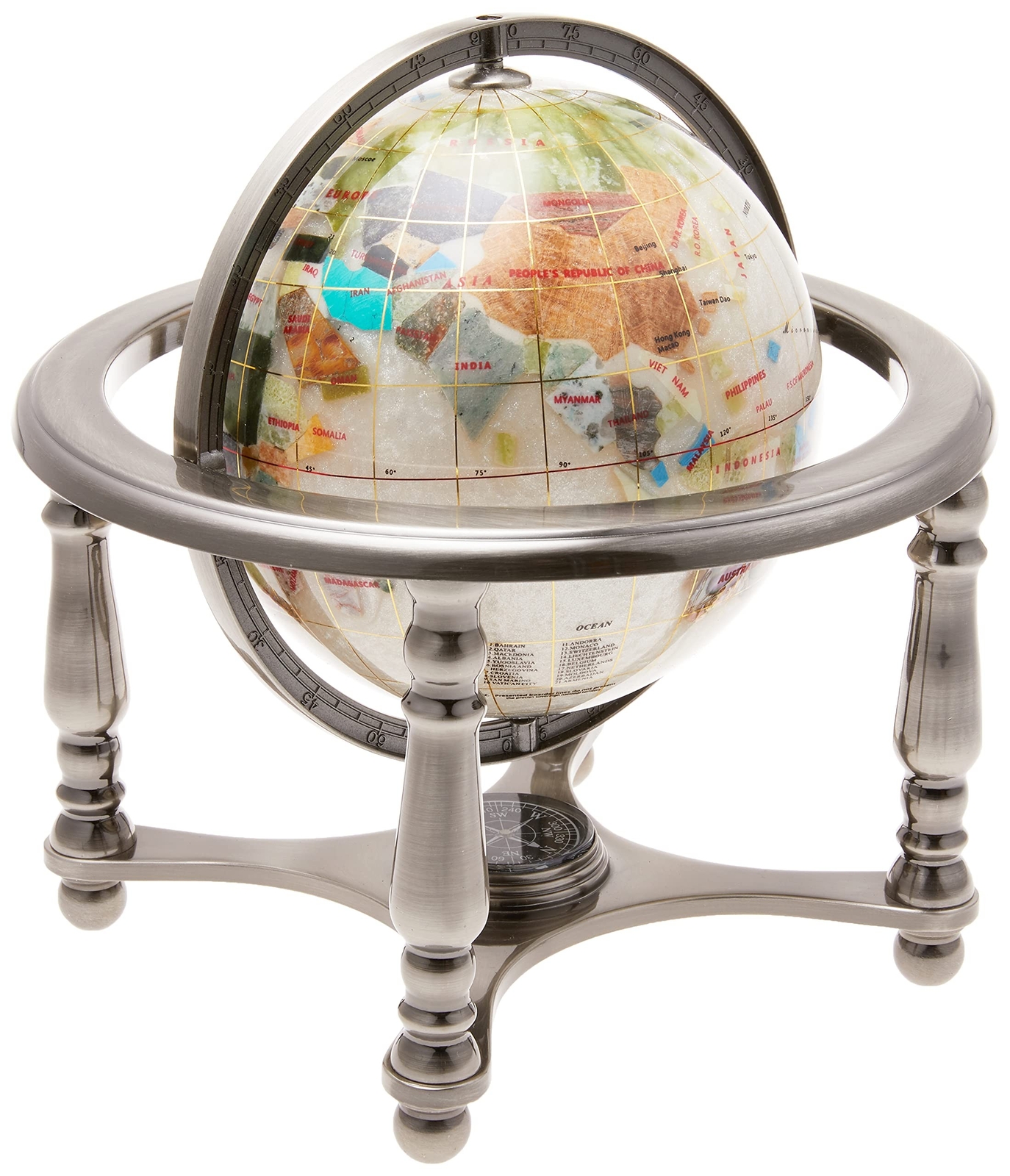 Unique Art 10-Inch Tall Pearl Swirl Ocean Gemstone World Globe with 4 Leg Sil...