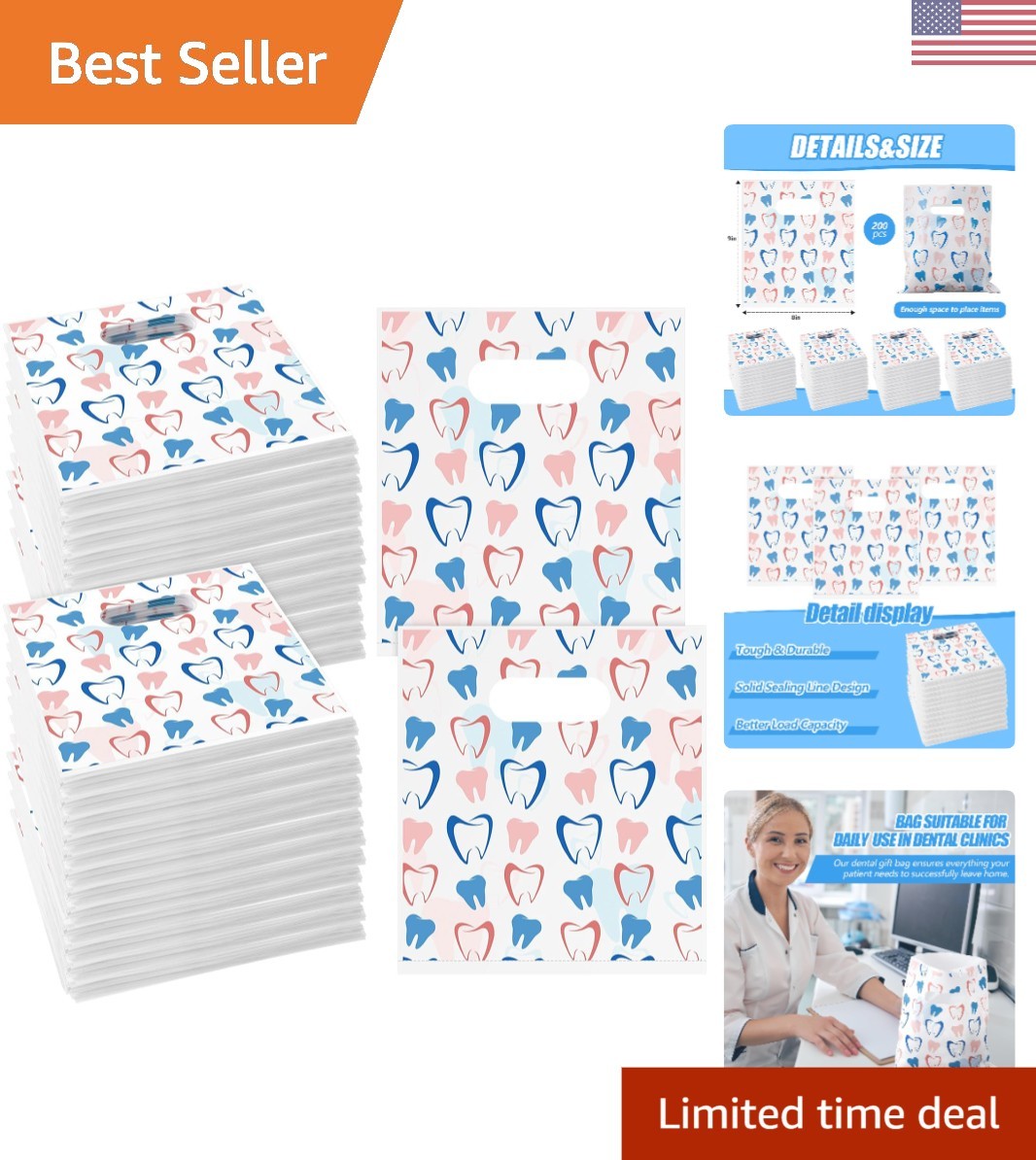 200 Pcs Tooth Patient Care Dental Bags 9 X 8 Inches Plastic Merchandise Bags
