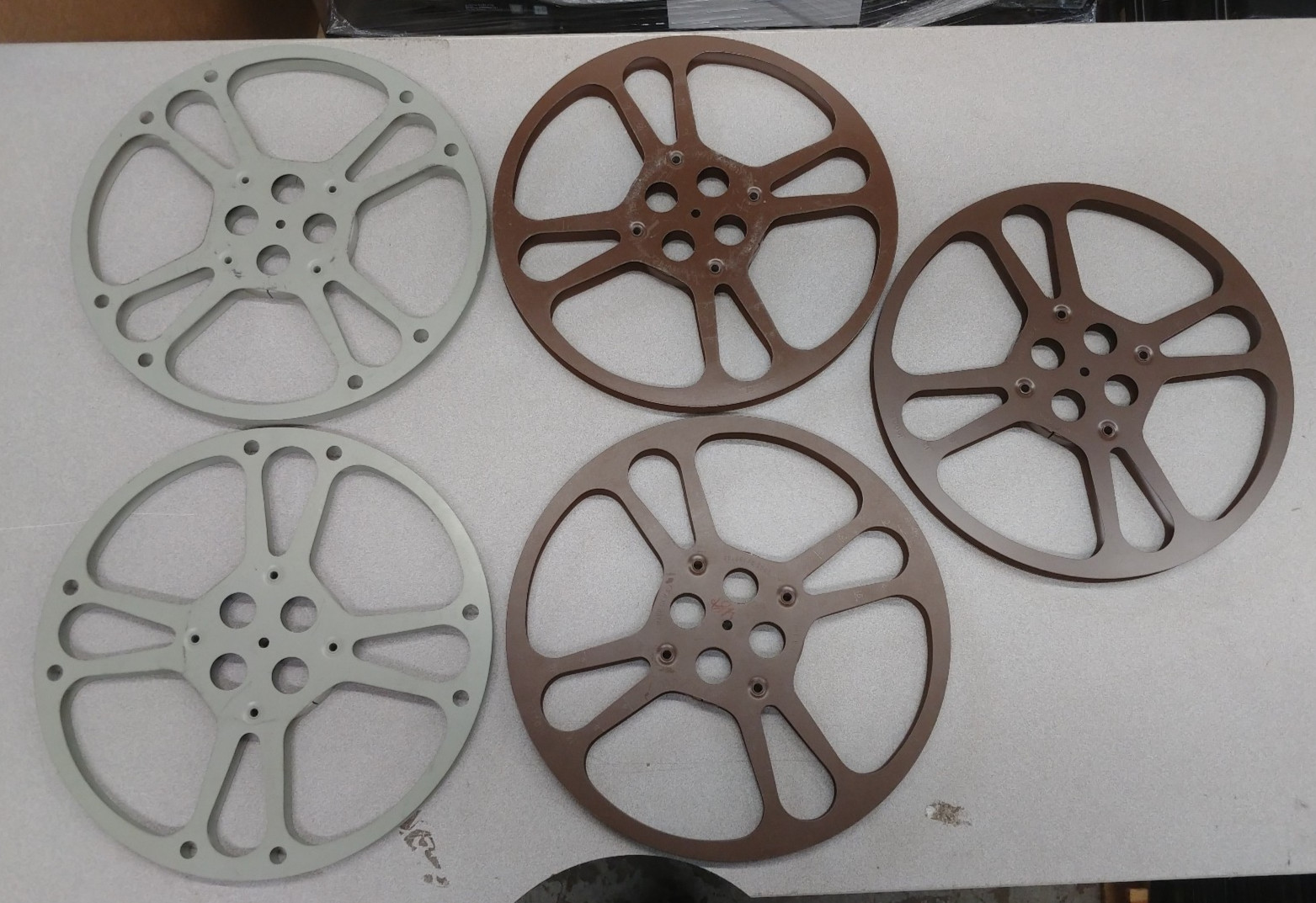 Lot of 5 Metal 16mm/1600ft Film Reels Goldberg Brothers, HFC