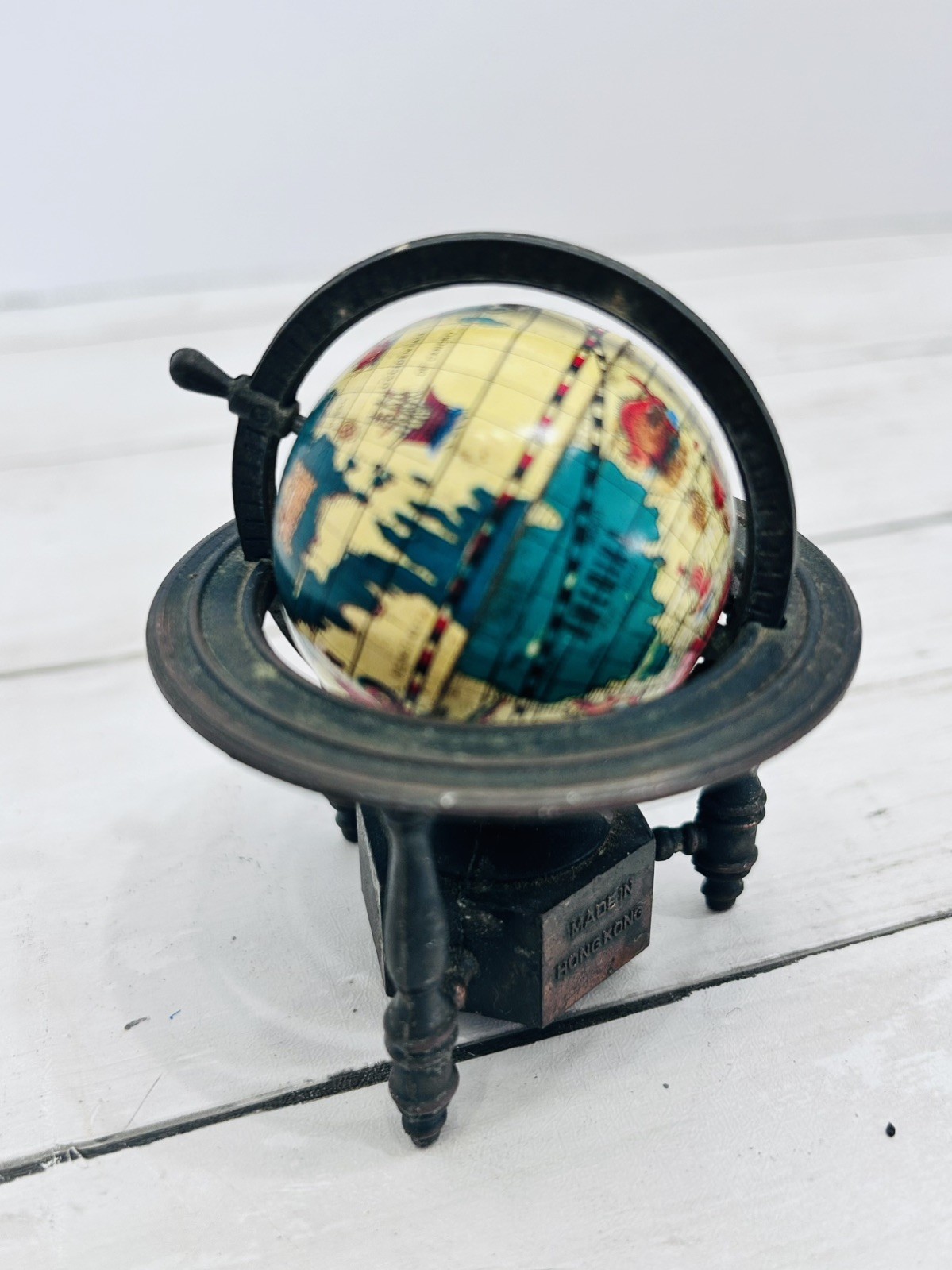 Vintage Miniature Die-Cast Globe Pencil Sharpener Antique Finish From Hong Kong