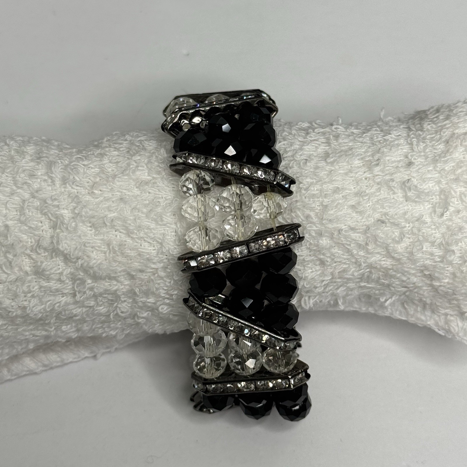 Gunmetal Rhinestone Clear & Black Crystal Bead Stretch Bracelet