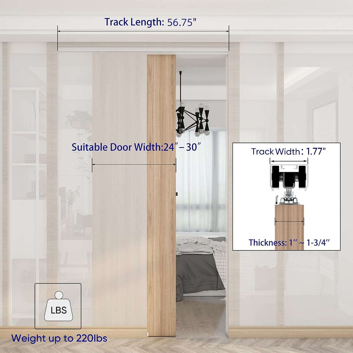 JUBEST 5FT Pocket Door Hardware Track Set 56.7" Sliding Kit
