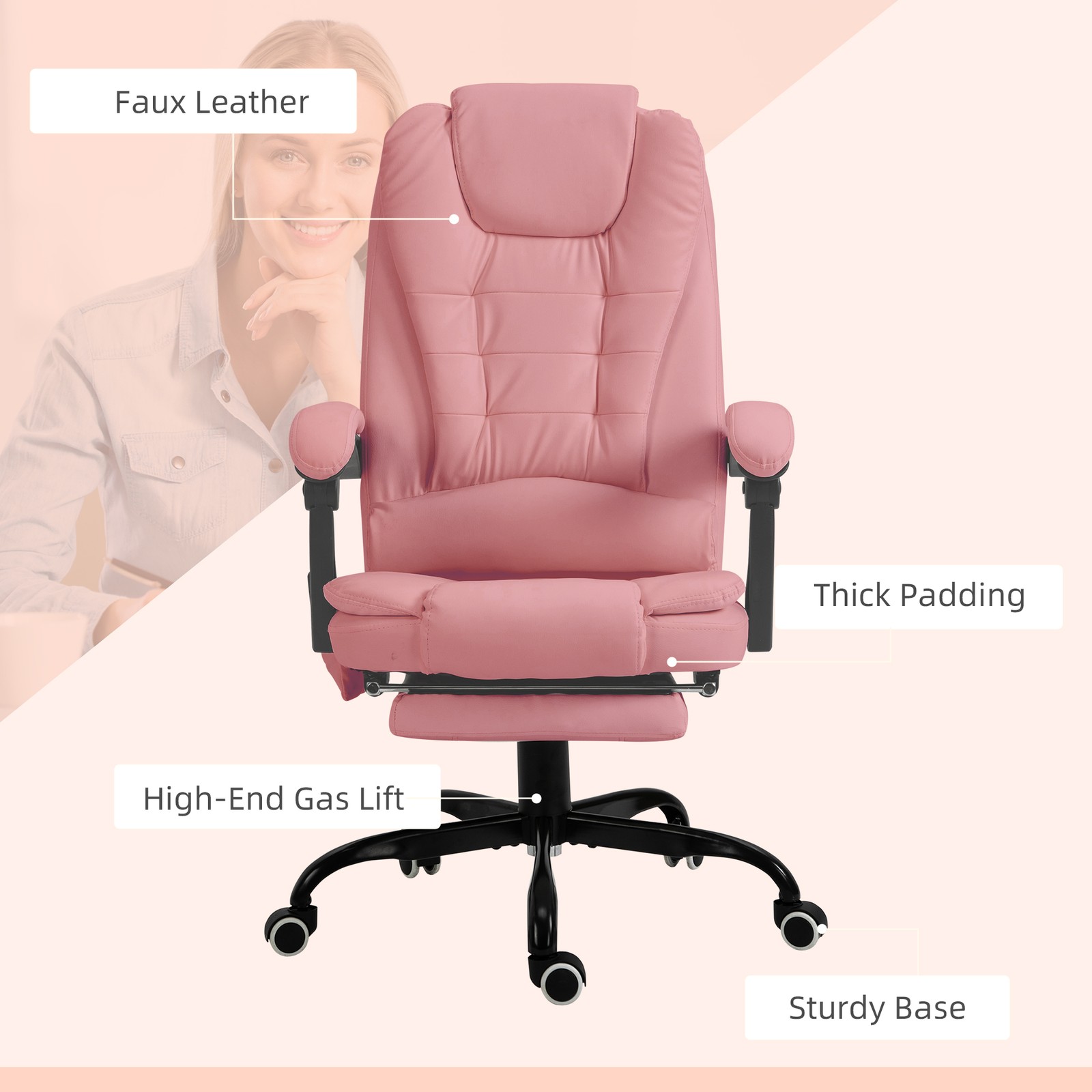 PU Leather Massage Computer Chair w/ Padded Seat and Adjustable Height, Pink