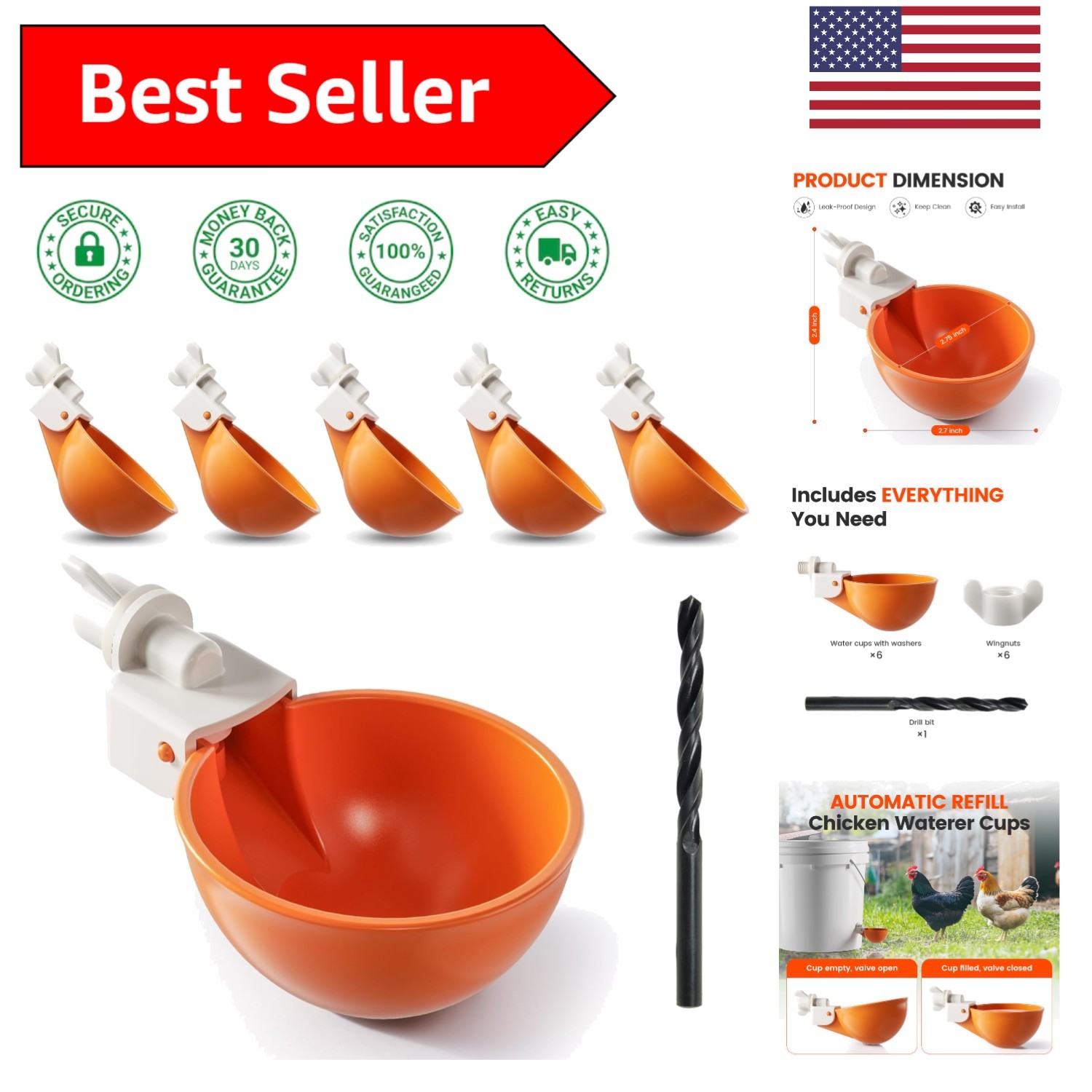 6-Pack Automatic Chicken Water Cups – Hassle-Free Hydration Solution in Orange