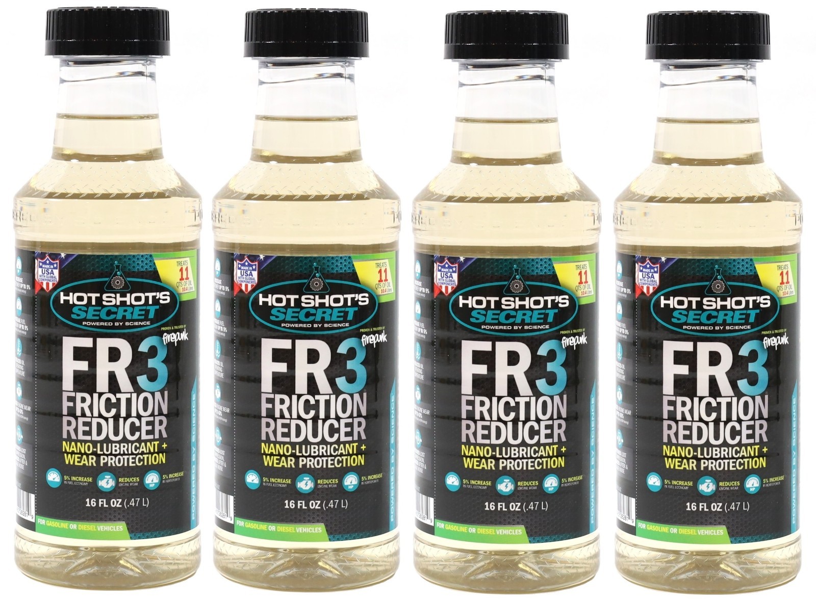 4 Pack Hot Shot's Secret FR3 Friction Reducer Oil Additive 16oz Bottle Diesel