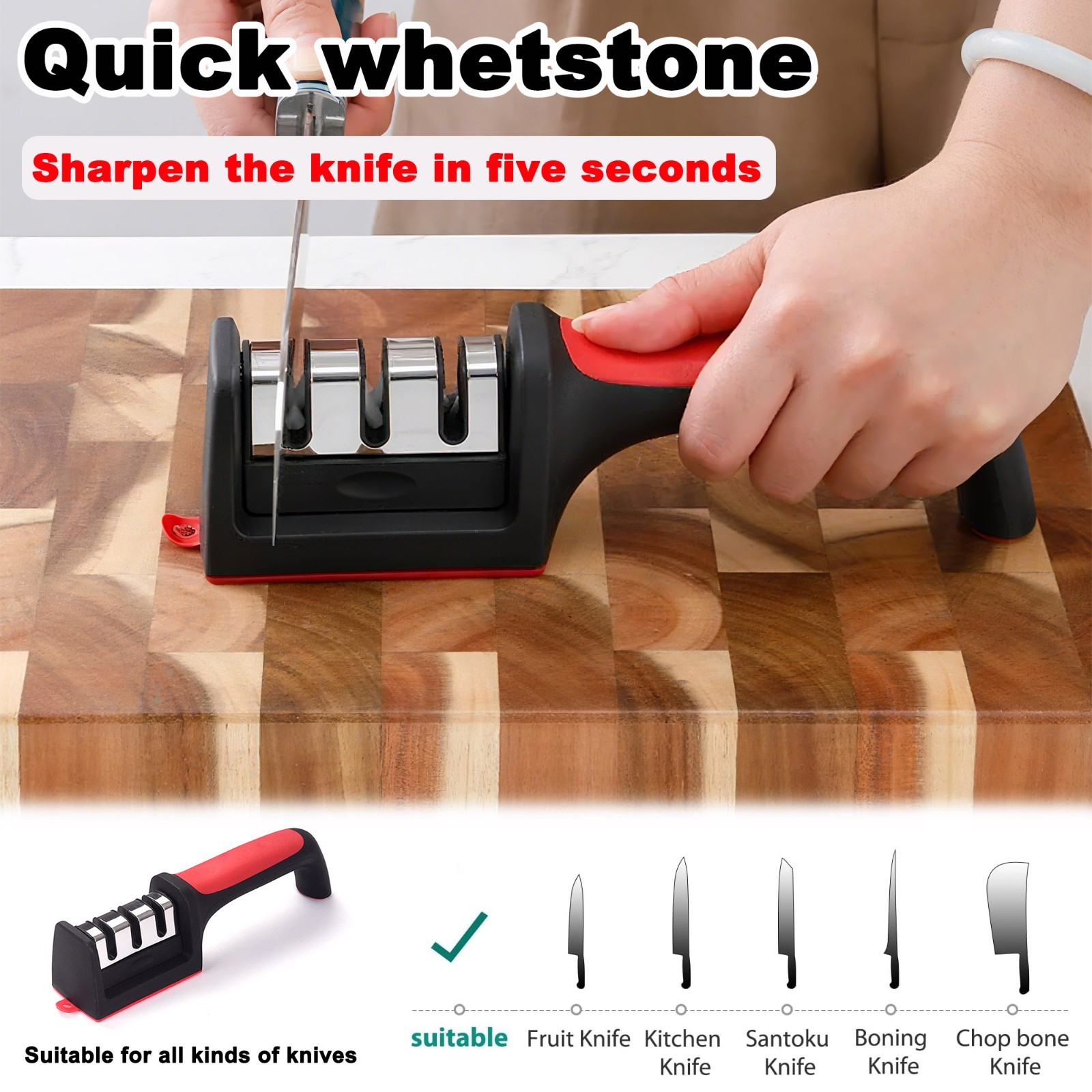3-Stage Knife Sharpener Manual Kitchen Whetstone Tool Non-Slip Handle Tungsten