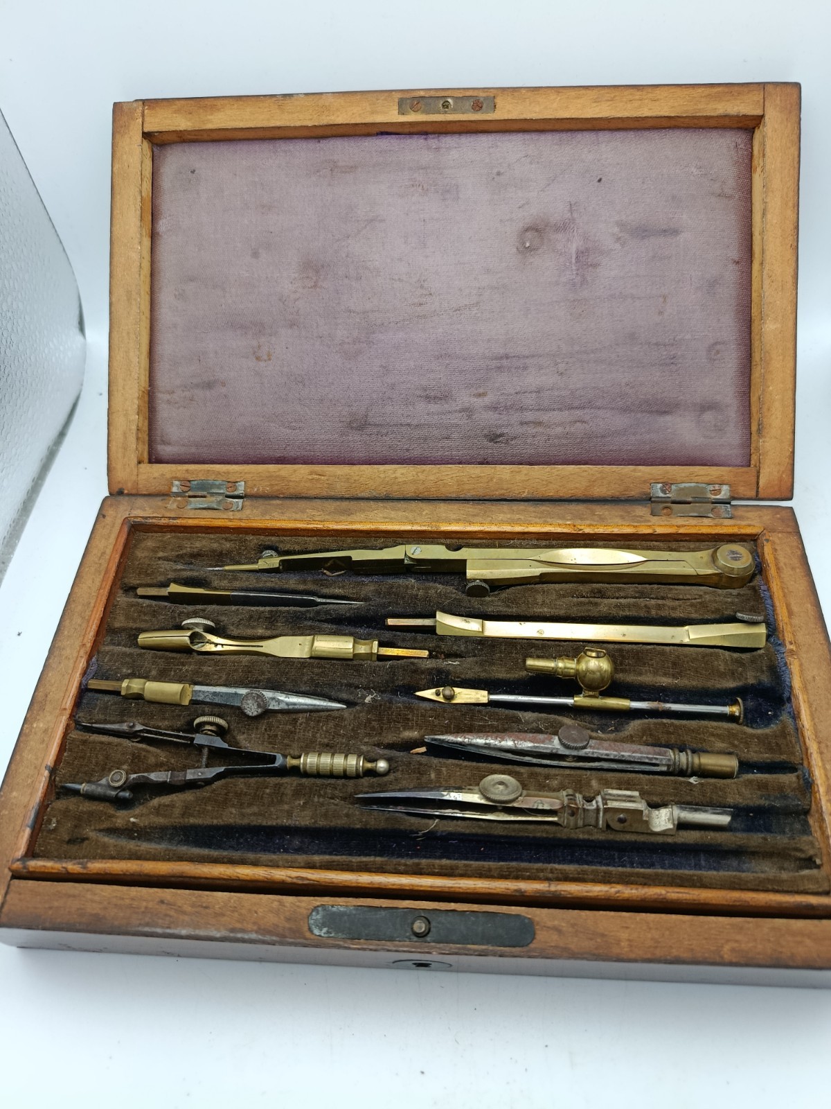Victorian Rosewood Case Brass Engineering Drawing Tools Compasses Protractor etc