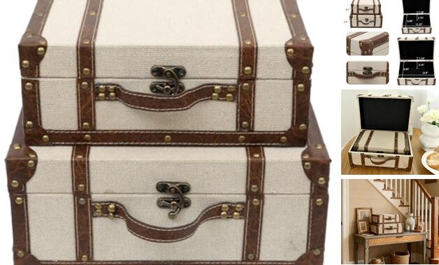 Decorative Vintage Suitcase Set of 2, Wooden Storage Trunk Boxes with Faux