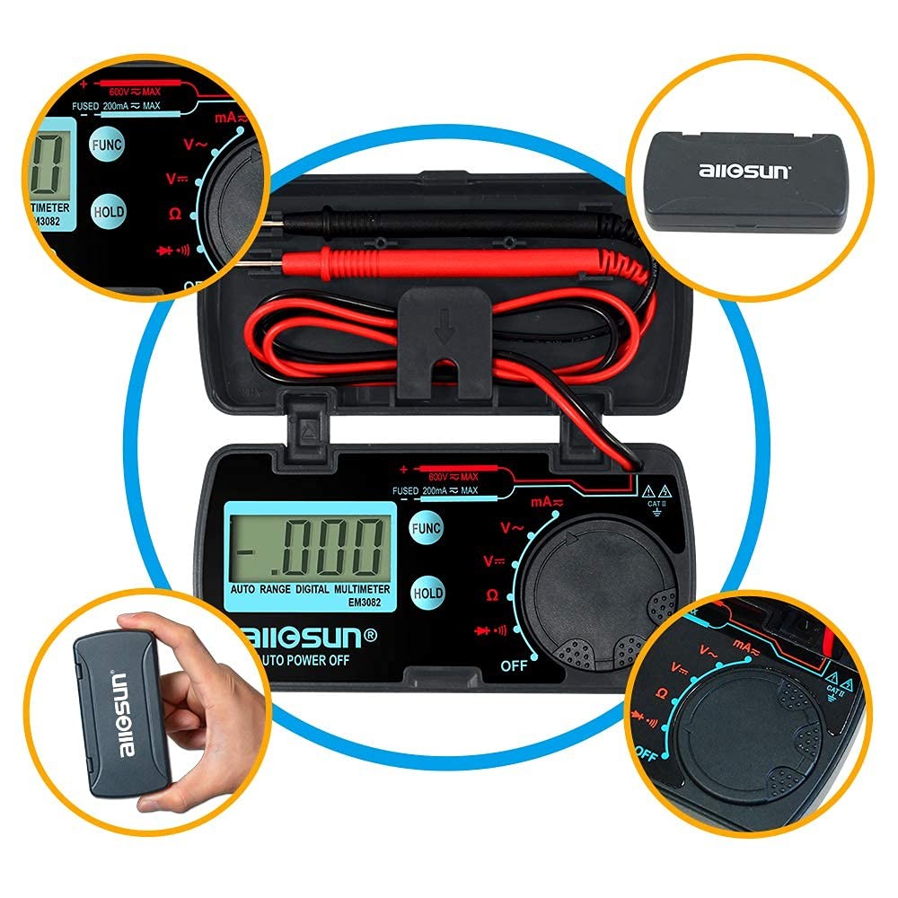allsun Mini Auto Range Folding Digital Multimeter Compact, Red and Black