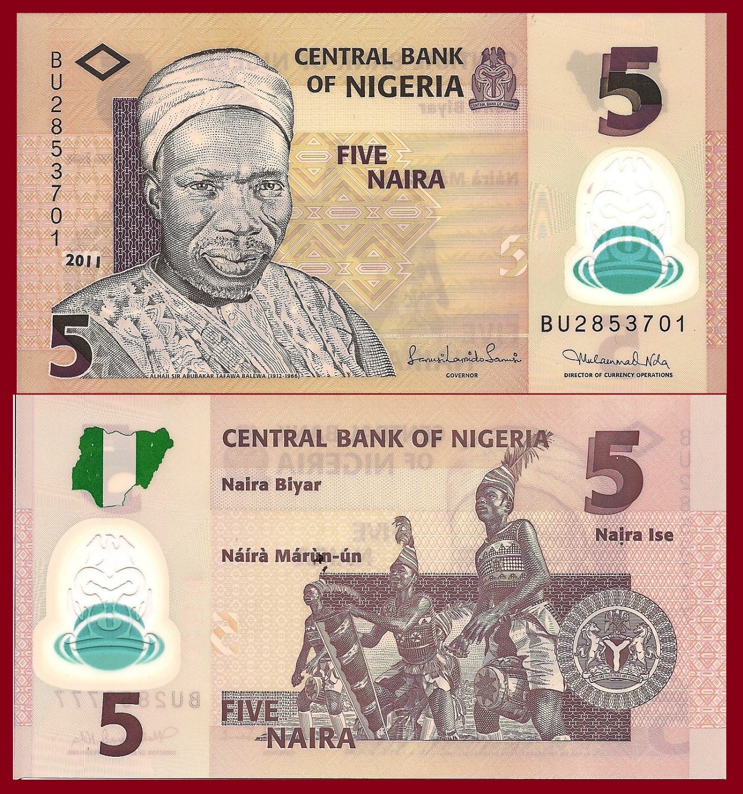Nigeria P38d 5 Naira, Prime Minister Balewa / Nkpokiti dancers, drums  POLYMER